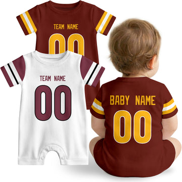Baby wearing custom football-style onesie in Burgundy, White, and Black with personalized name and number