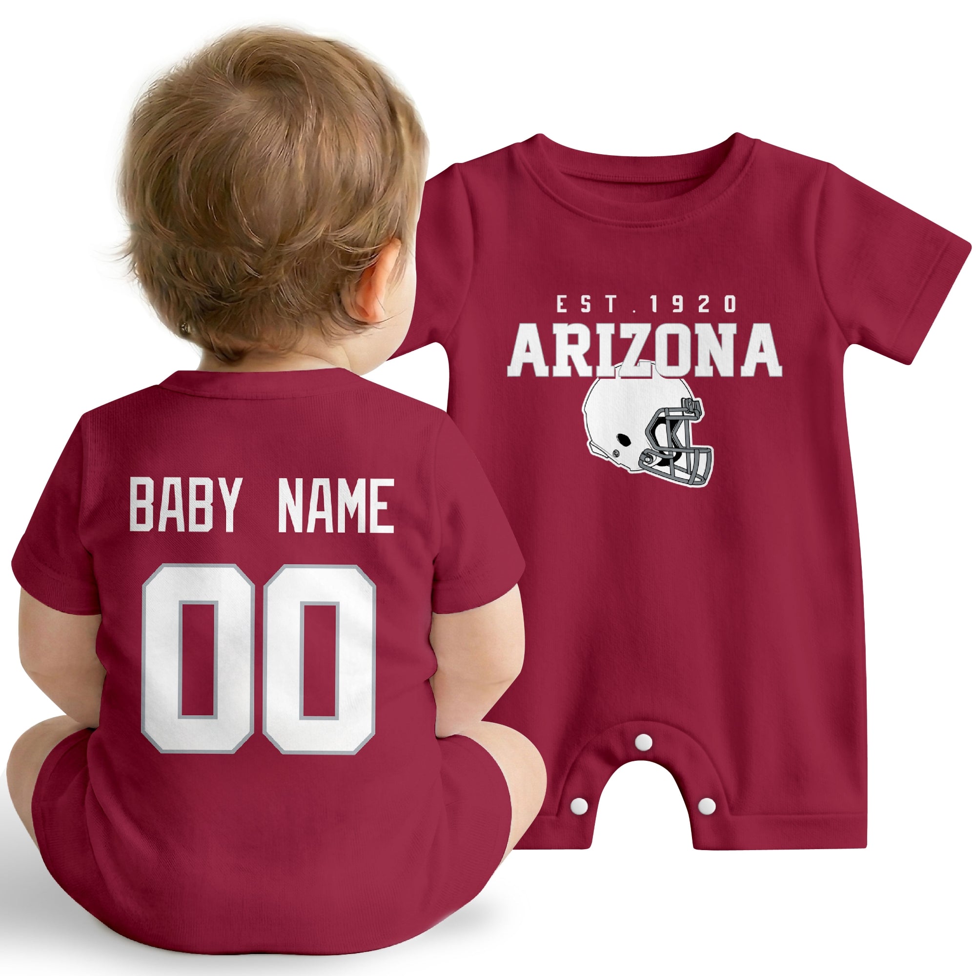 Baby wearing Arizona football-inspired personalized romper in red, featuring custom name and number design with sporty varsity lettering and football helmet graphic