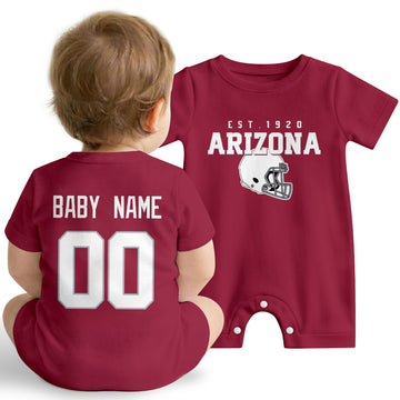 Baby wearing Arizona football-inspired personalized romper in red, featuring custom name and number design with sporty varsity lettering and football helmet graphic