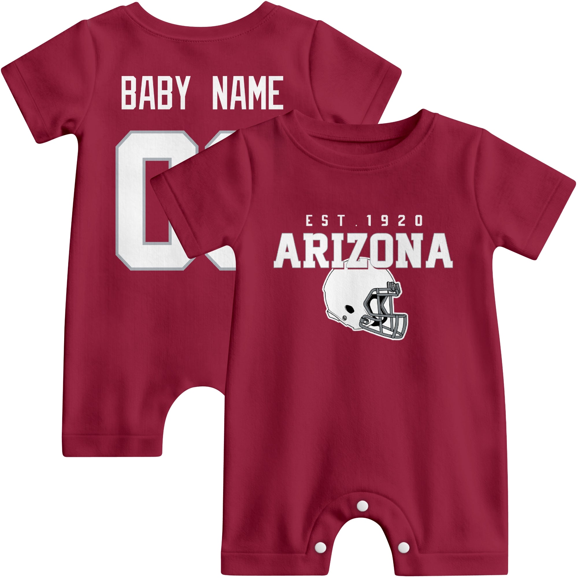 Front and back view of Arizona football-style baby romper in red with varsity team-inspired front graphic and personalized name and number on the back