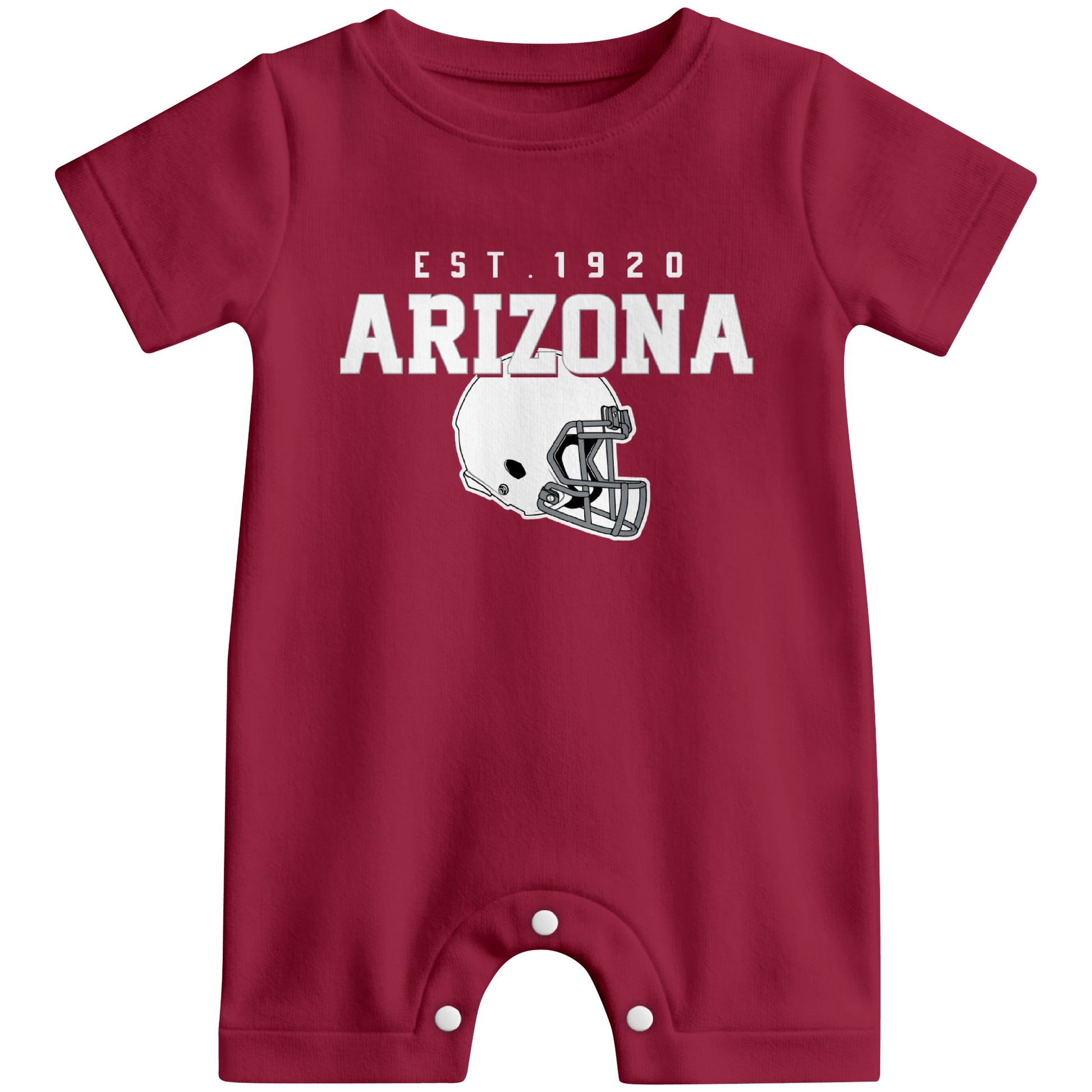 Front view of Arizona football-inspired baby romper featuring varsity-style Arizona text and football helmet graphic in red colorway
