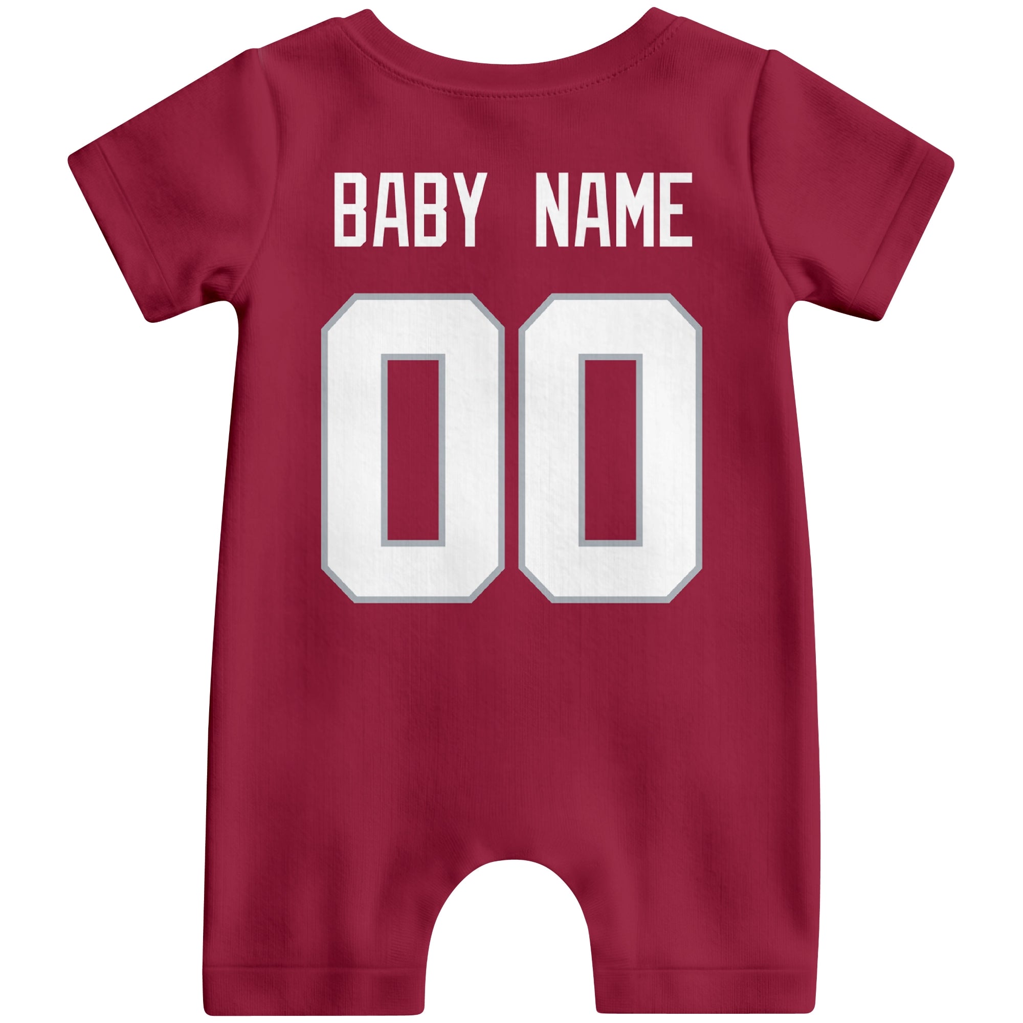 Back view of personalized Arizona football-style baby romper with custom baby name and number design in varsity block font