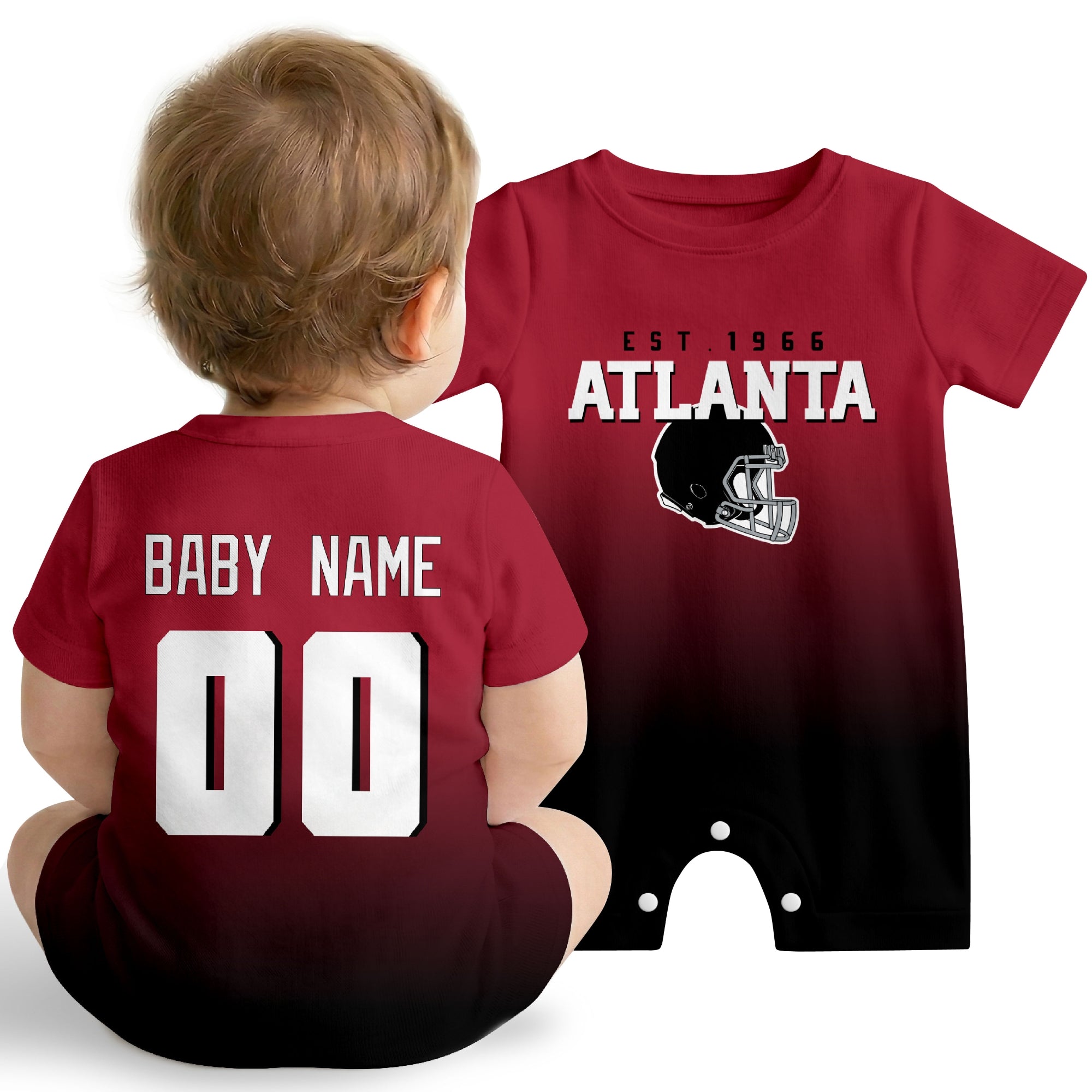 Baby wearing Atlanta football-inspired personalized romper in red, featuring custom name and number design with sporty varsity lettering and football helmet graphic