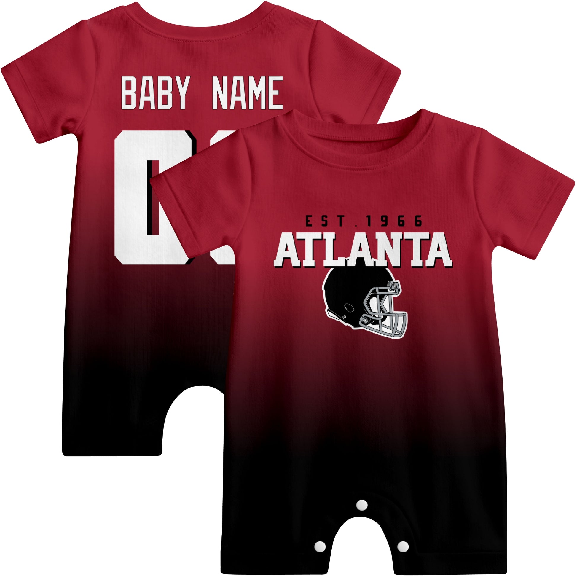Front and back view of Atlanta football-style baby romper in red with varsity team-inspired front graphic and personalized name and number on the back