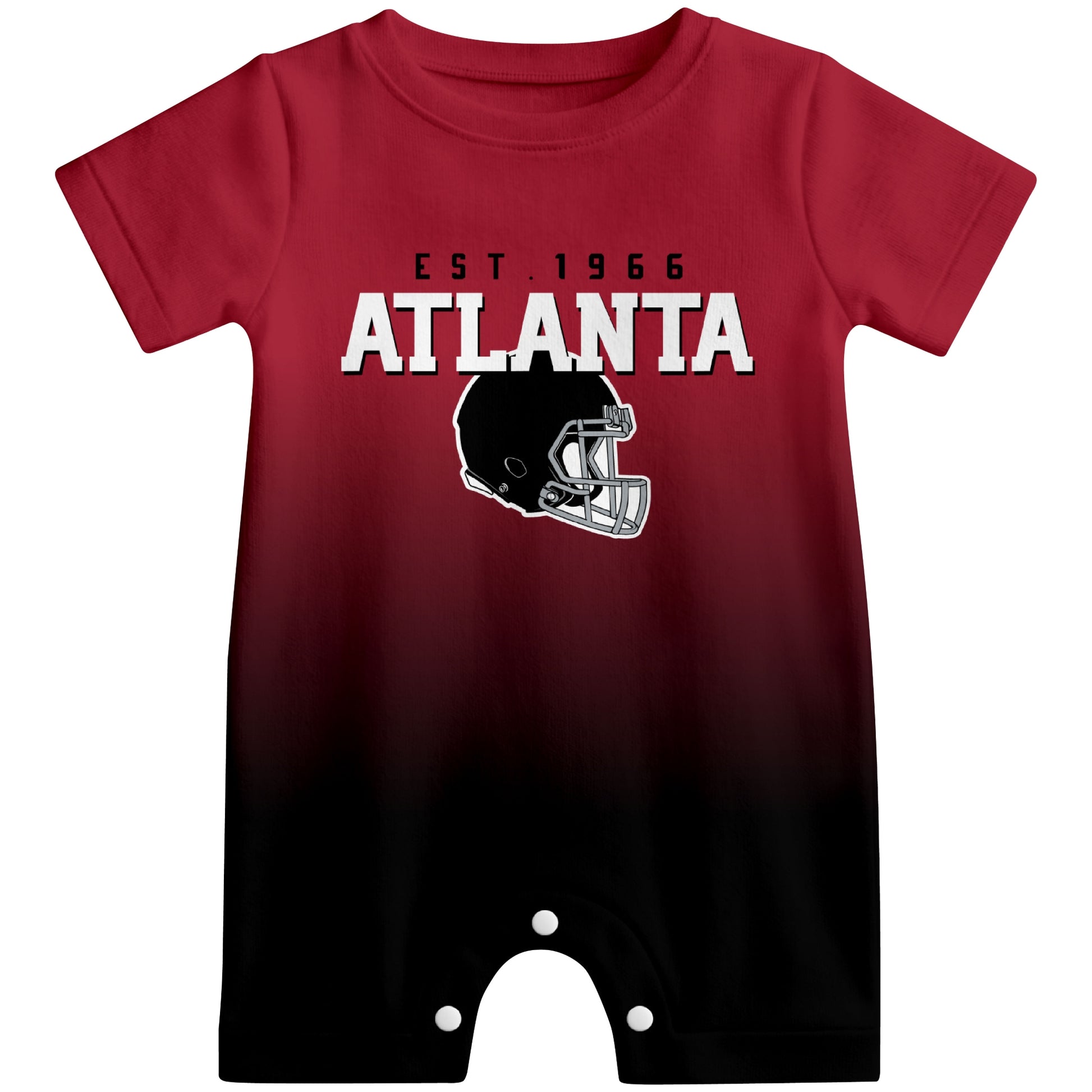 Front view of Atlanta football-inspired baby romper featuring varsity-style Atlanta text and football helmet graphic in red colorway
