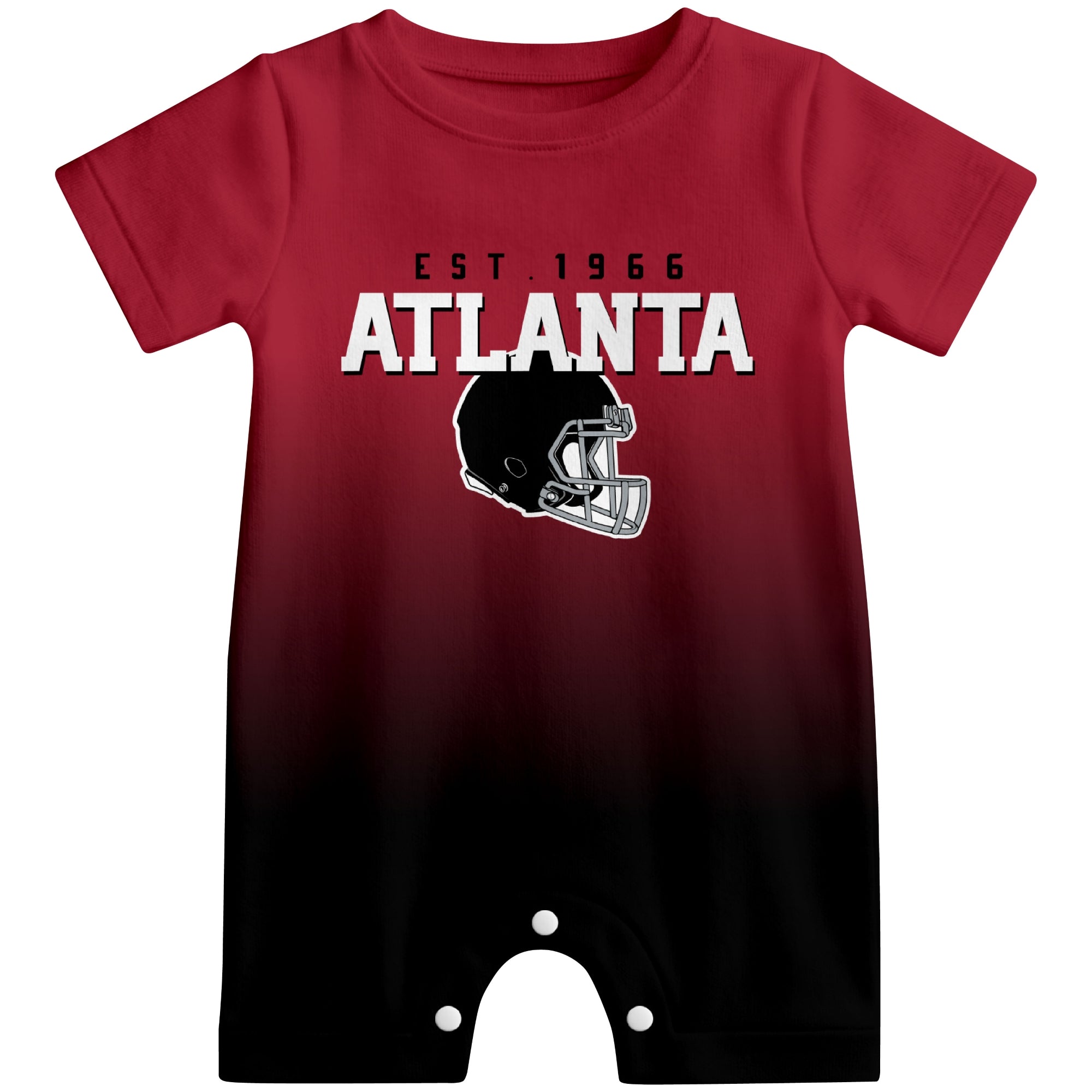 Front view of Atlanta football-inspired baby romper featuring varsity-style Atlanta text and football helmet graphic in red colorway