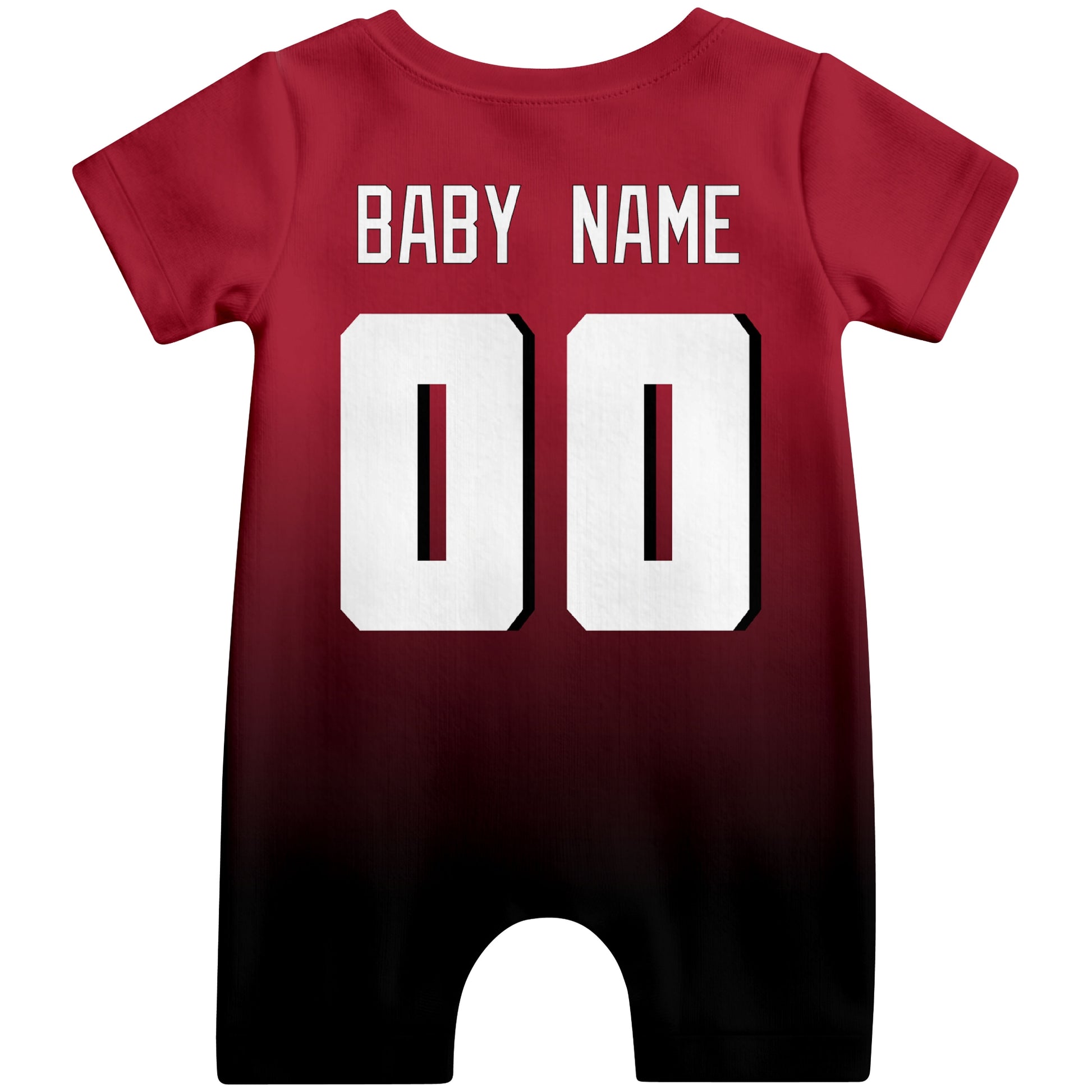 Back view of personalized Atlanta football-style baby romper with custom baby name and number design in varsity block font