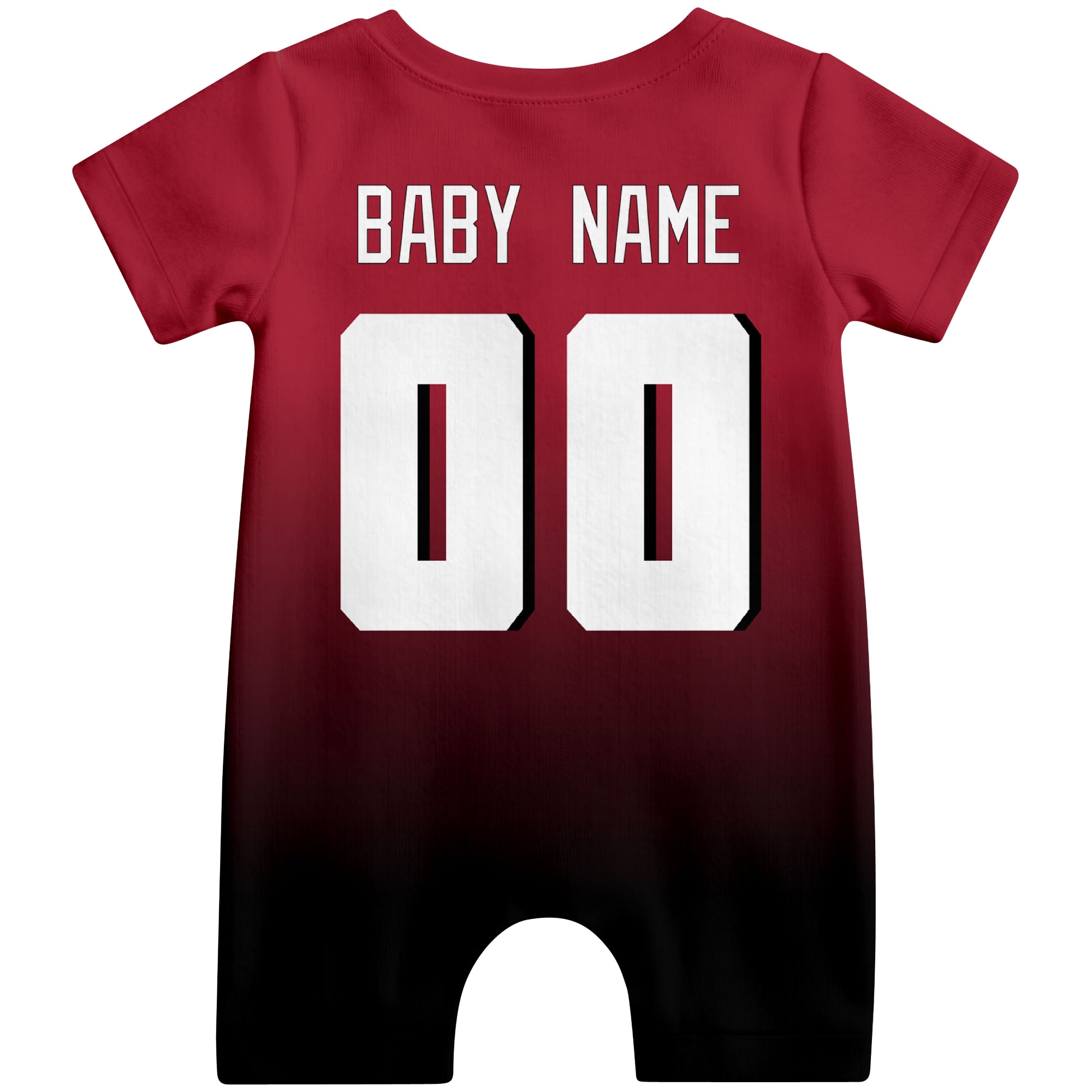 Back view of personalized Atlanta football-style baby romper with custom baby name and number design in varsity block font