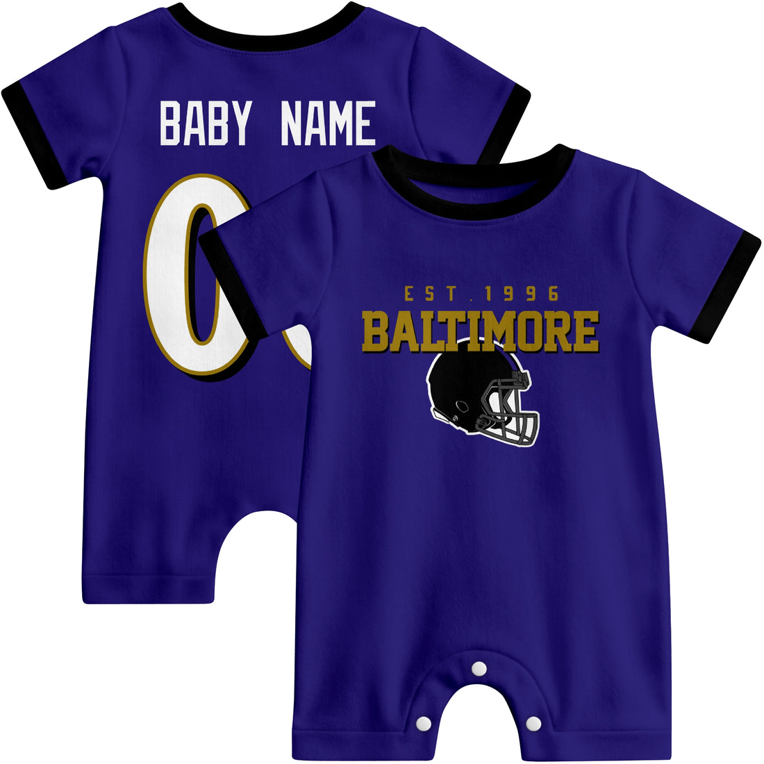 Baby wearing Baltimore football-inspired personalized romper in purple, featuring custom name and number design with sporty varsity lettering and football helmet graphic