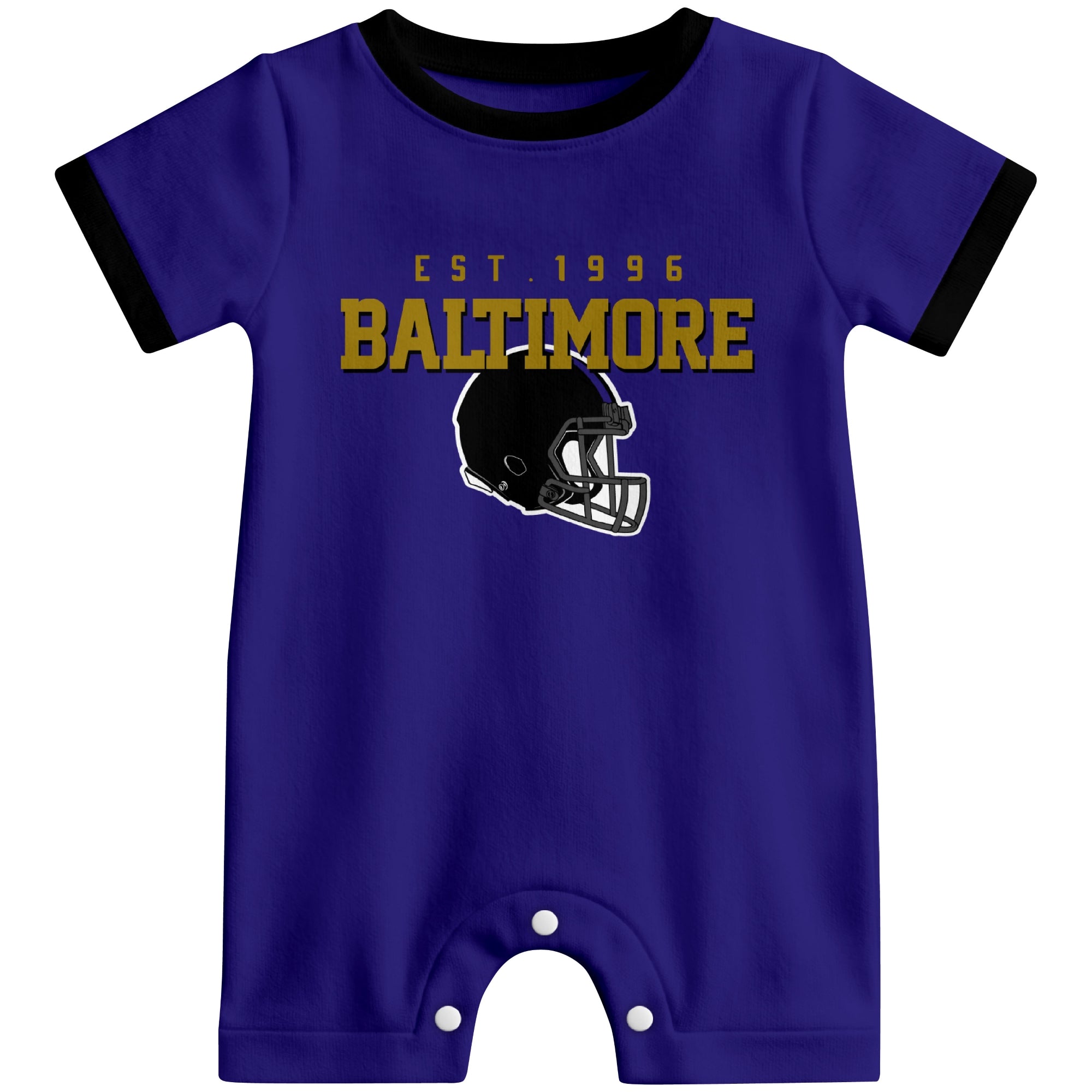 Front view of Baltimore football-inspired baby romper featuring varsity-style Baltimore text and football helmet graphic in purple colorway
