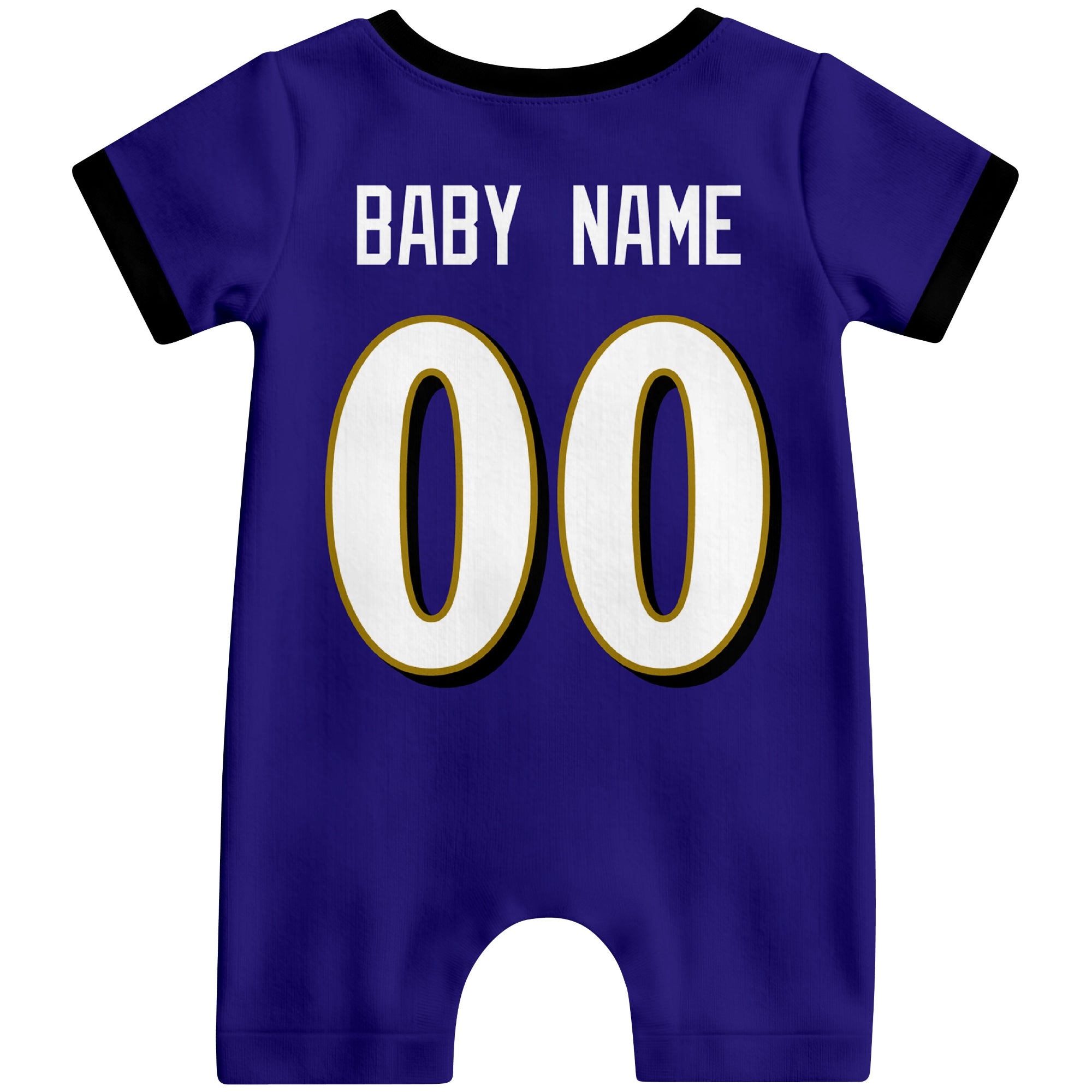 Back view of personalized Baltimore football-style baby romper with custom baby name and number design in varsity block font