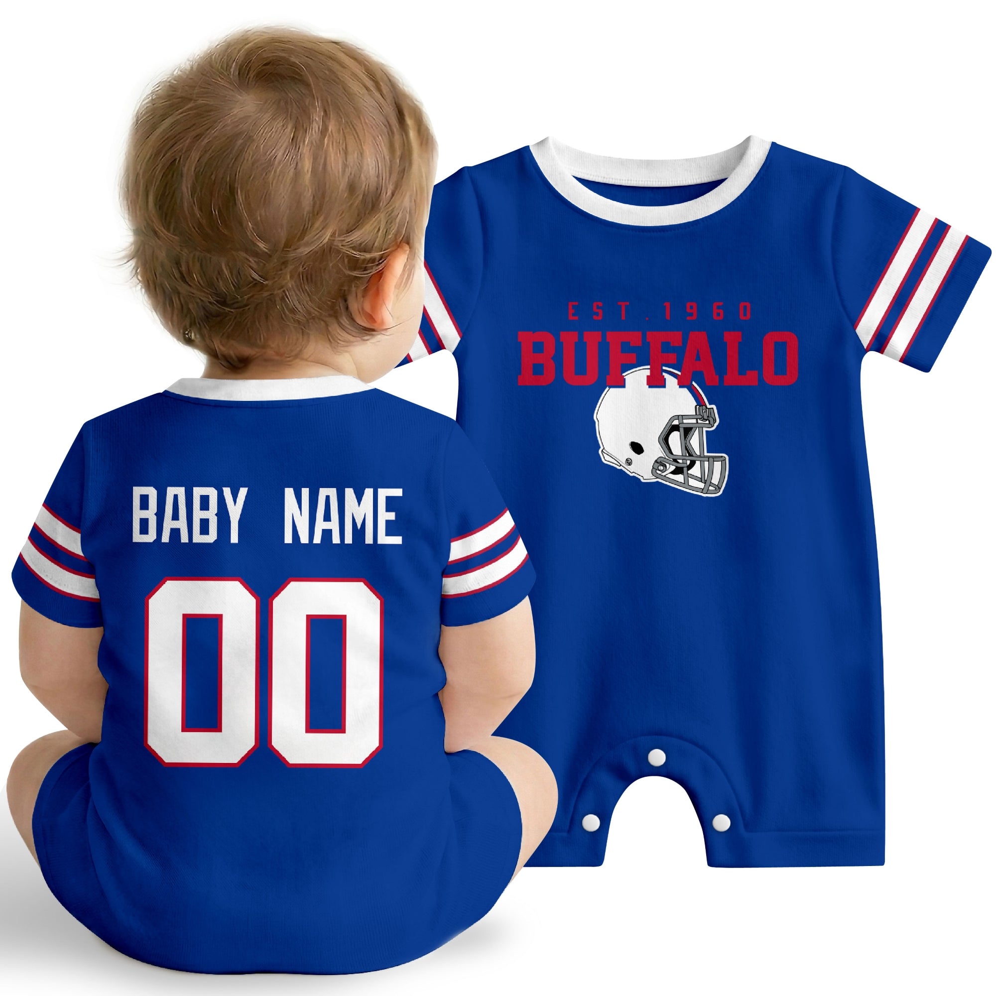Baby wearing Buffalo football-inspired personalized romper in royal blue, featuring custom name and number design with sporty varsity lettering and football helmet graphic