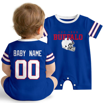 Baby wearing Buffalo football-inspired personalized romper in royal blue, featuring custom name and number design with sporty varsity lettering and football helmet graphic