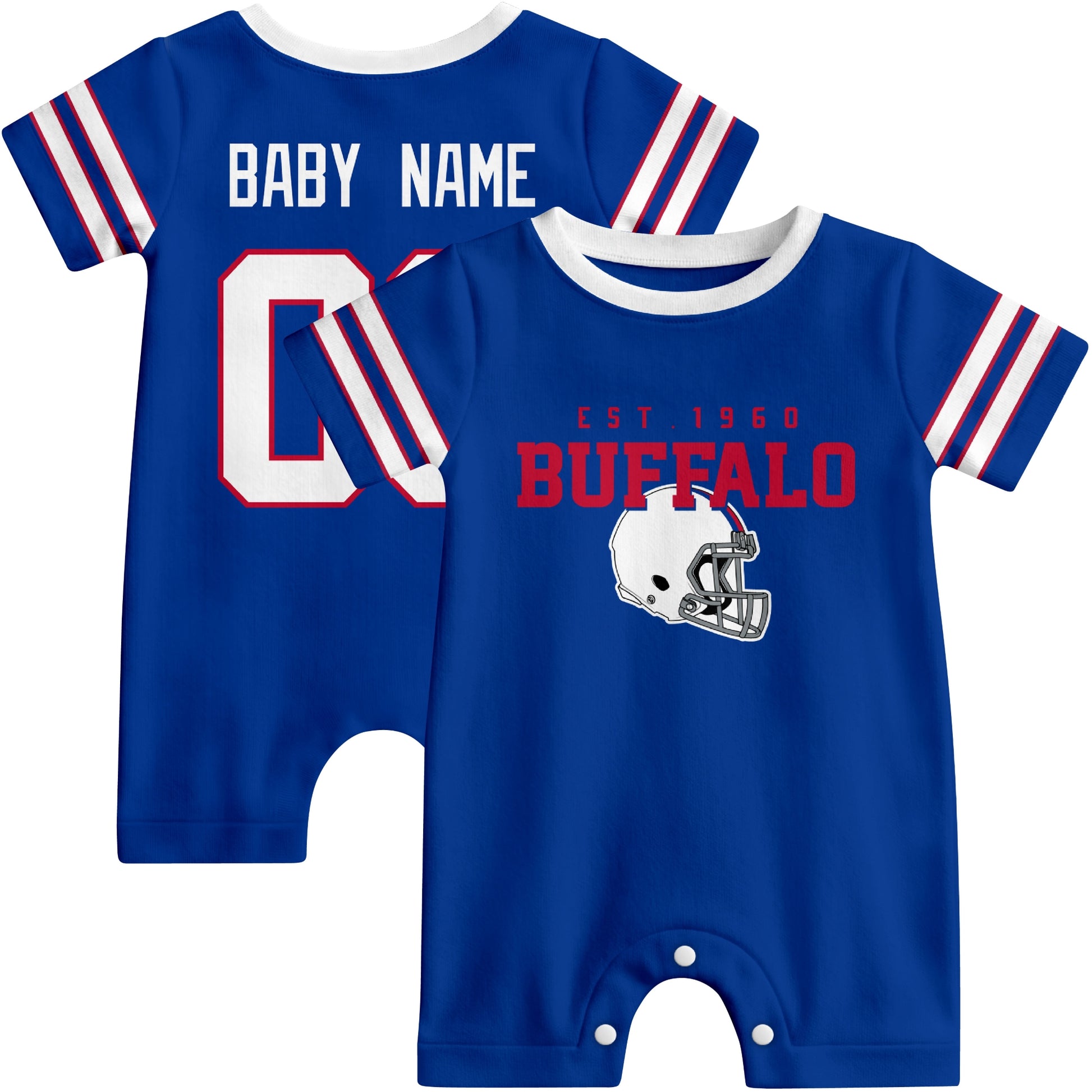Front and back view of Buffalo football-style baby romper in royal blue with varsity team-inspired front graphic and personalized name and number on the back