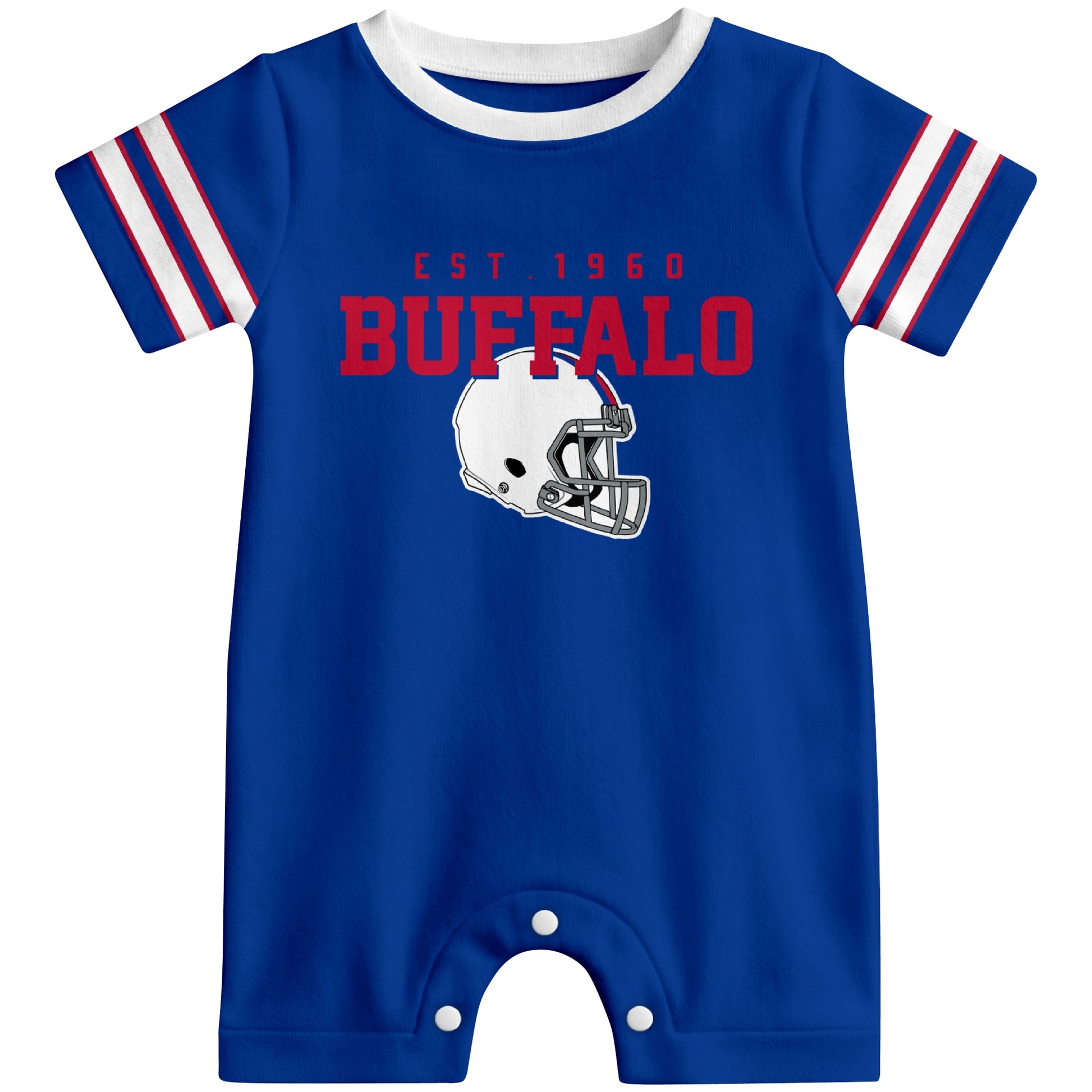Front view of Buffalo football-inspired baby romper featuring varsity-style Buffalo text and football helmet graphic in royal blue colorway