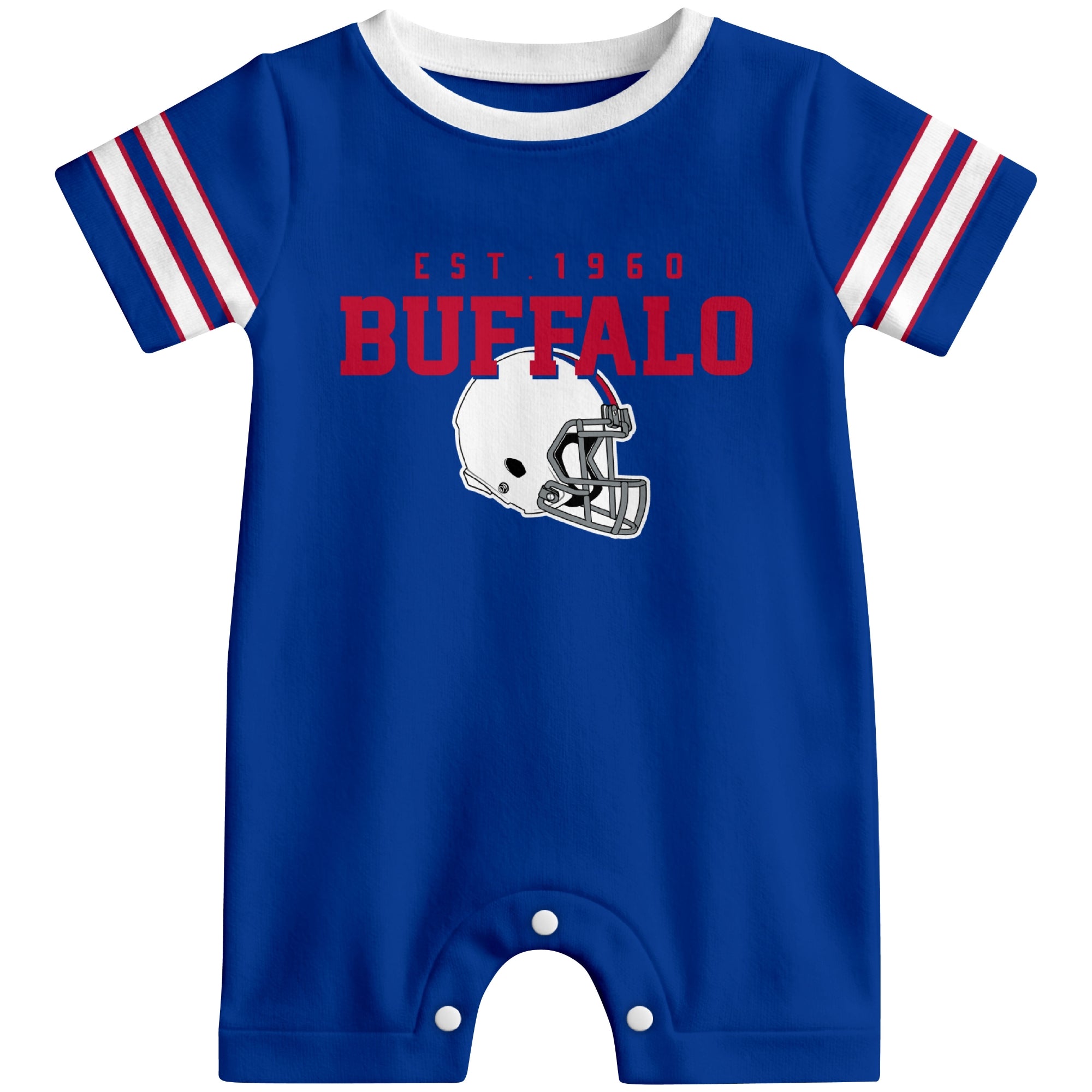 Front view of Buffalo football-inspired baby romper featuring varsity-style Buffalo text and football helmet graphic in royal blue colorway