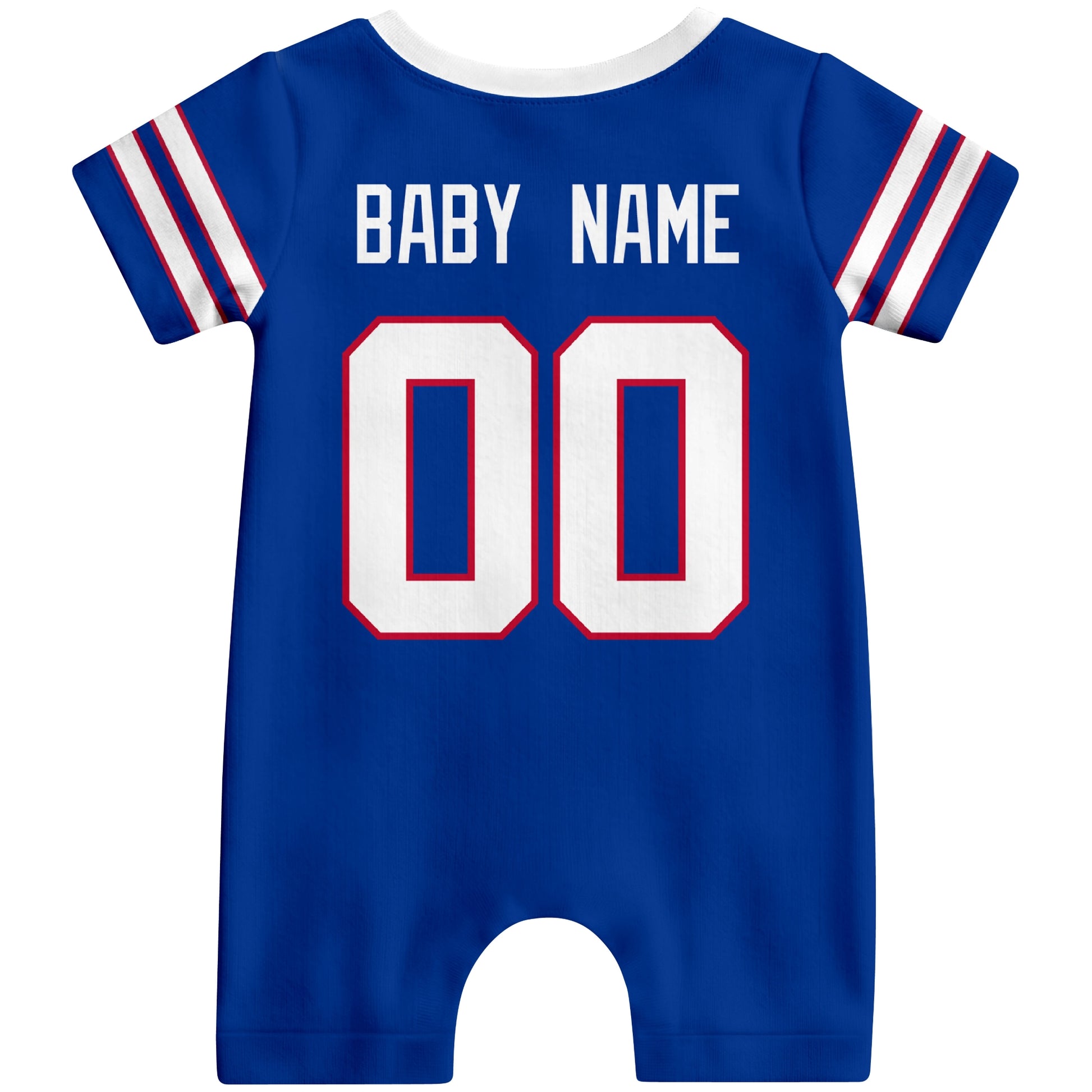 Back view of personalized Buffalo football-style baby romper with custom baby name and number design in varsity block font