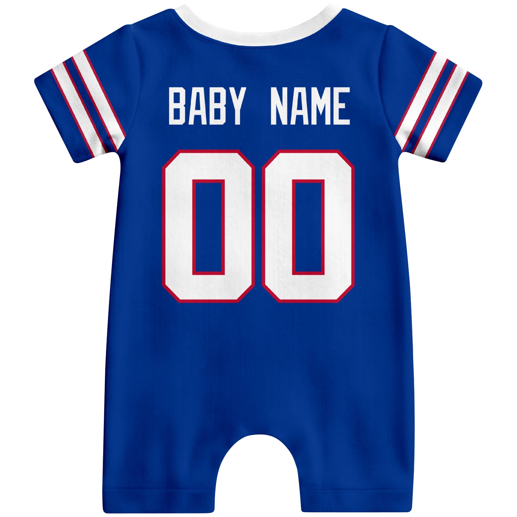 Back view of personalized Buffalo football-style baby romper with custom baby name and number design in varsity block font