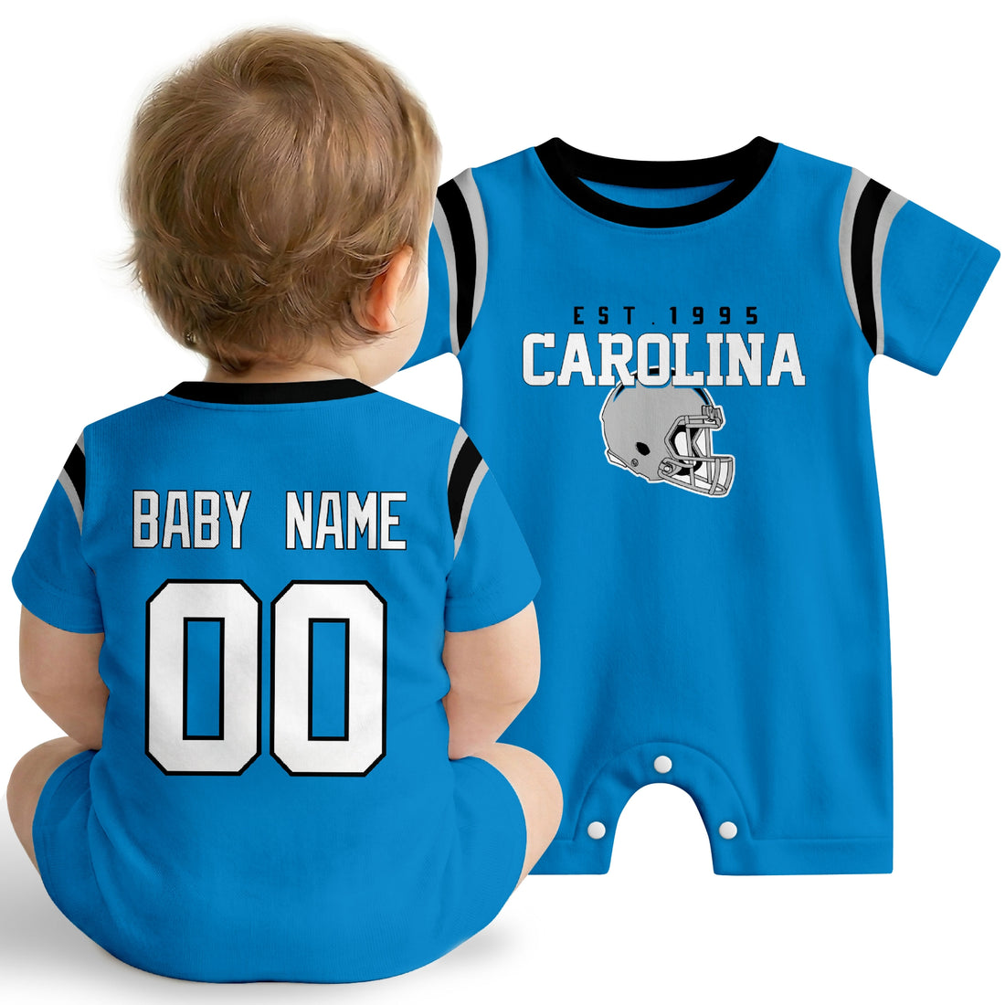 Baby wearing Carolina football-inspired personalized romper in blue, featuring custom name and number design with sporty varsity lettering and football helmet graphic