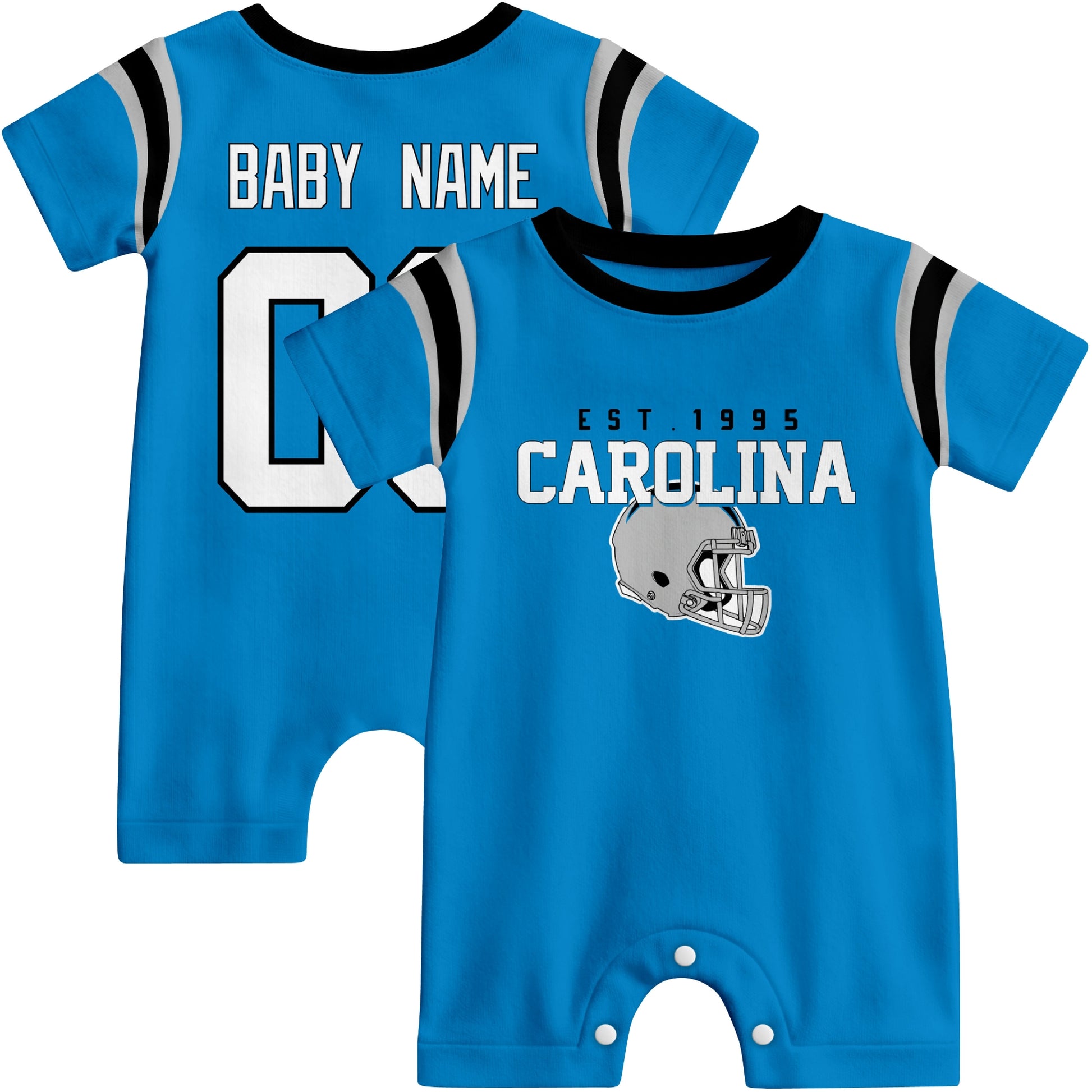 Front and back view of Carolina football-style baby romper in blue with varsity team-inspired front graphic and personalized name and number on the back