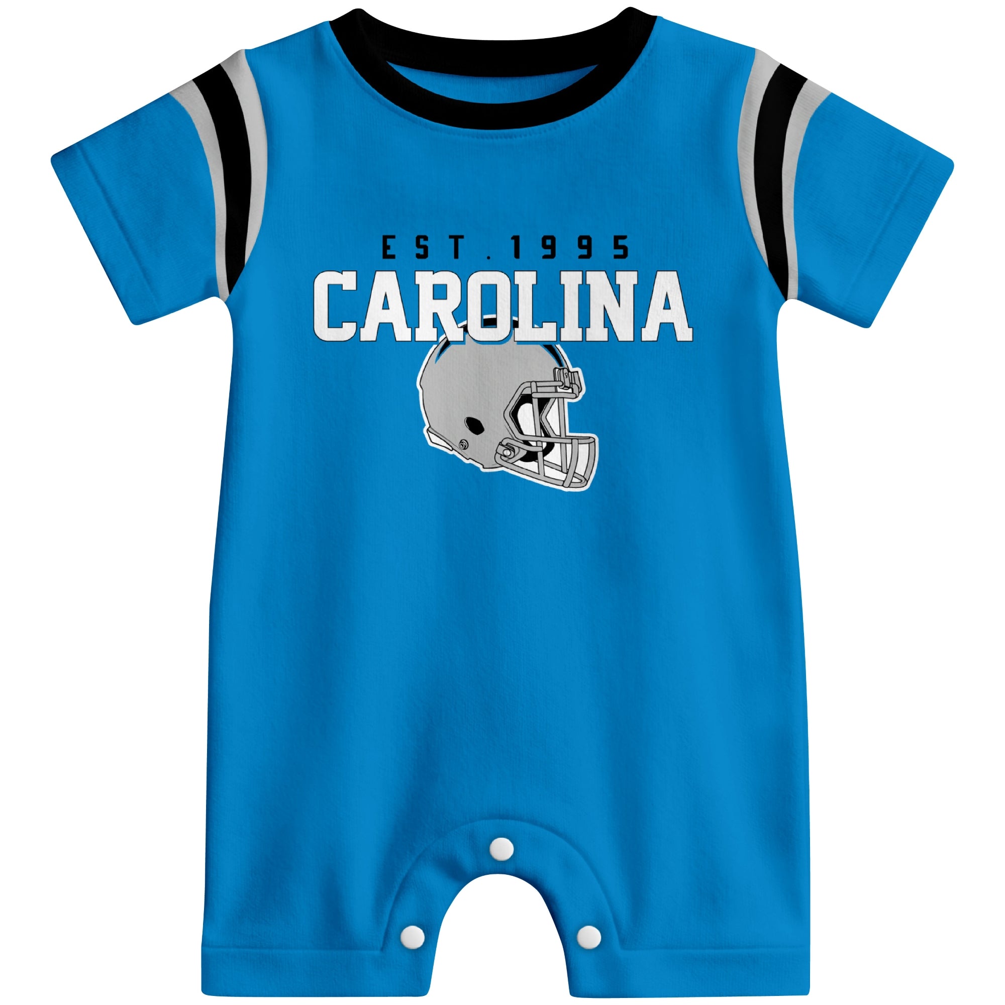 Front view of Carolina football-inspired baby romper featuring varsity-style Carolina text and football helmet graphic in blue colorway