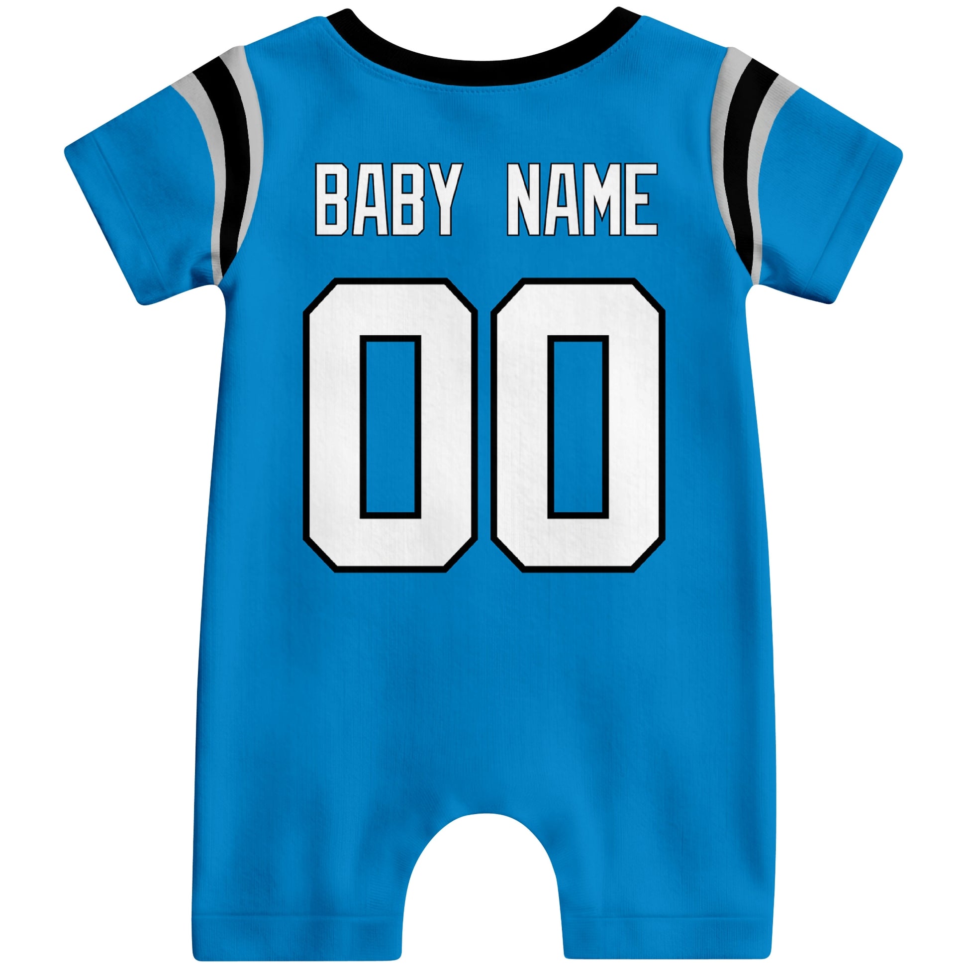 Back view of personalized Carolina football-style baby romper with custom baby name and number design in varsity block font