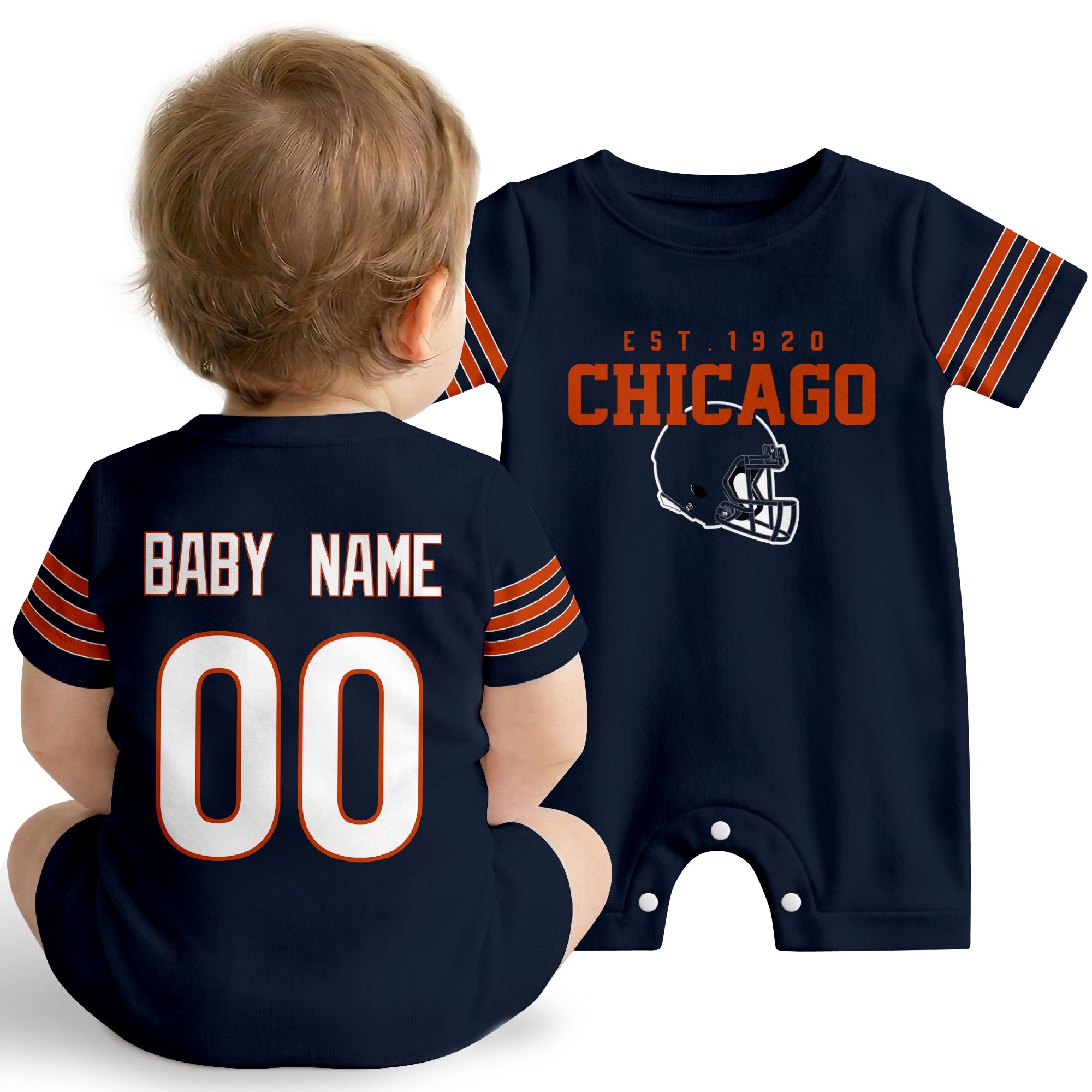 Baby wearing Chicago football-inspired personalized romper in navy, featuring custom name and number design with sporty varsity lettering and football helmet graphic