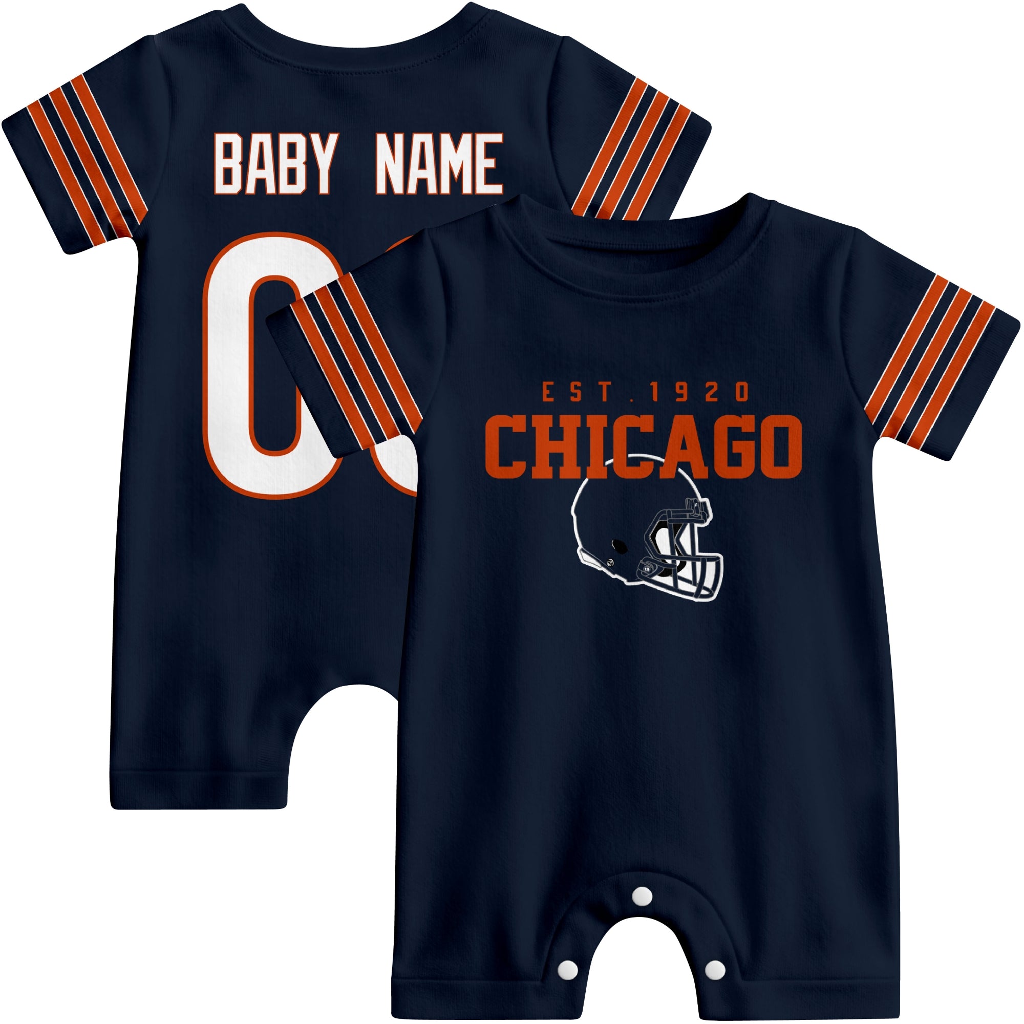 Front and back view of Chicago football-style baby romper in navy with varsity team-inspired front graphic and personalized name and number on the back