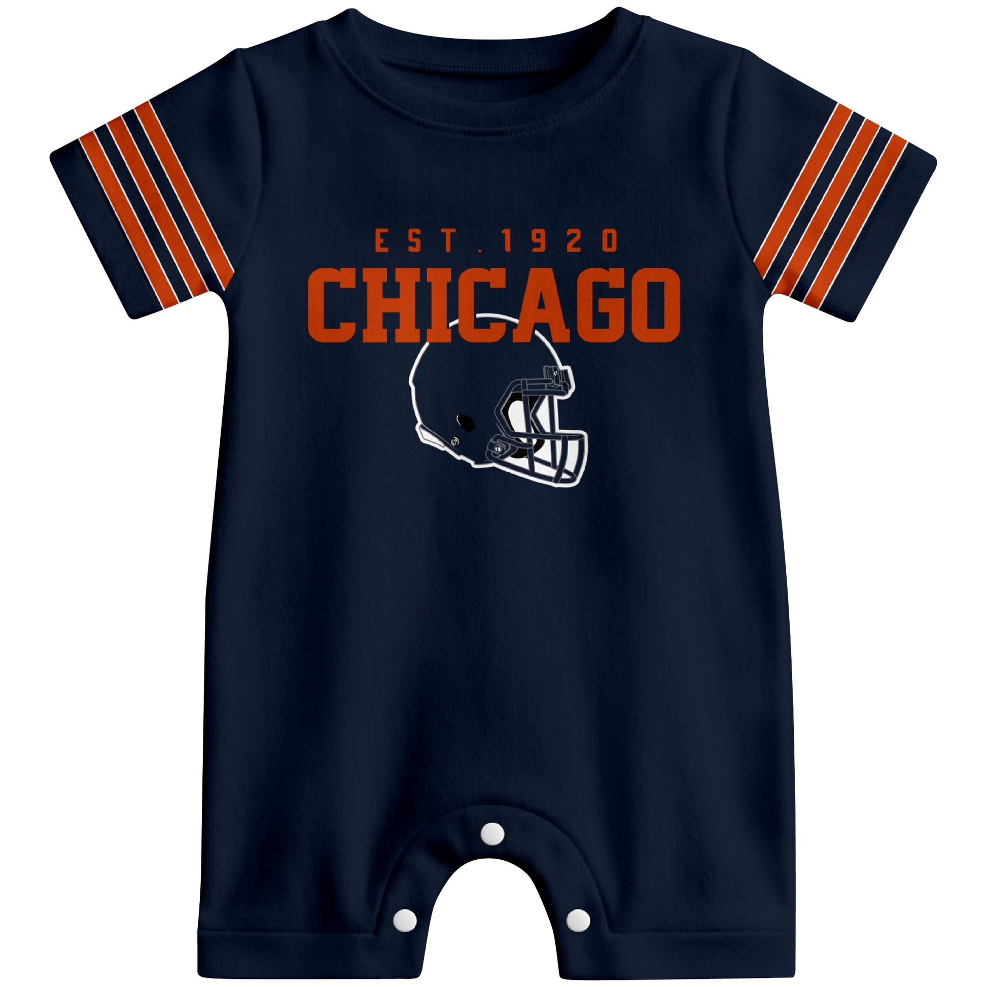 Front view of Chicago football-inspired baby romper featuring varsity-style Chicago text and football helmet graphic in navy colorway