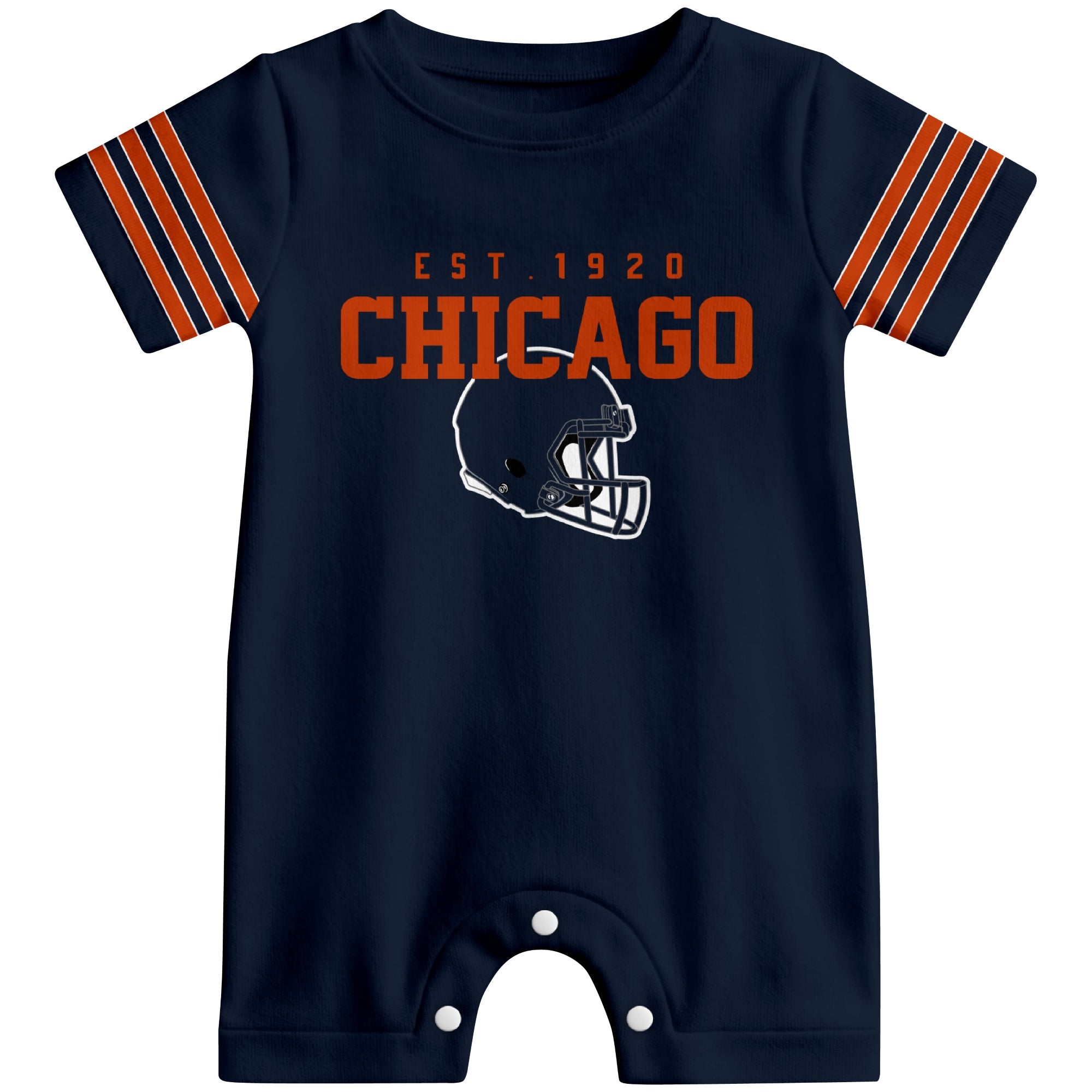 Front view of Chicago football-inspired baby romper featuring varsity-style Chicago text and football helmet graphic in navy colorway
