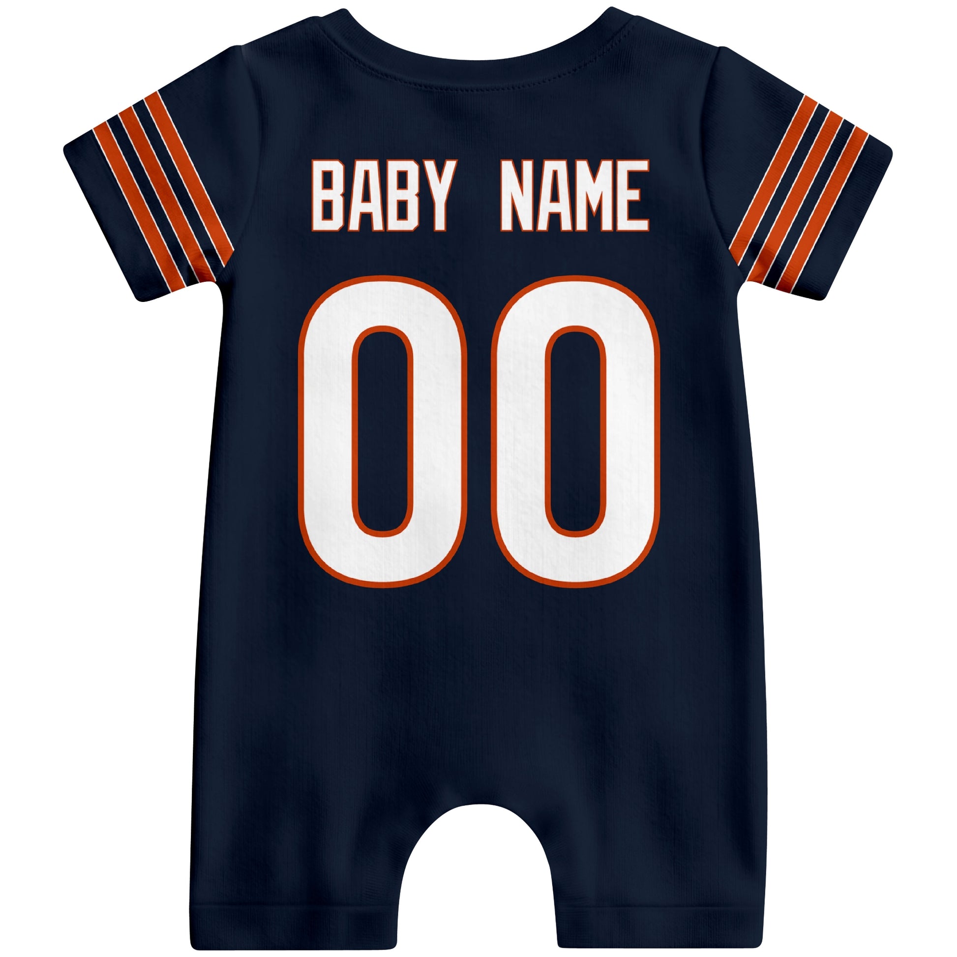 Back view of personalized Chicago football-style baby romper with custom baby name and number design in varsity block font