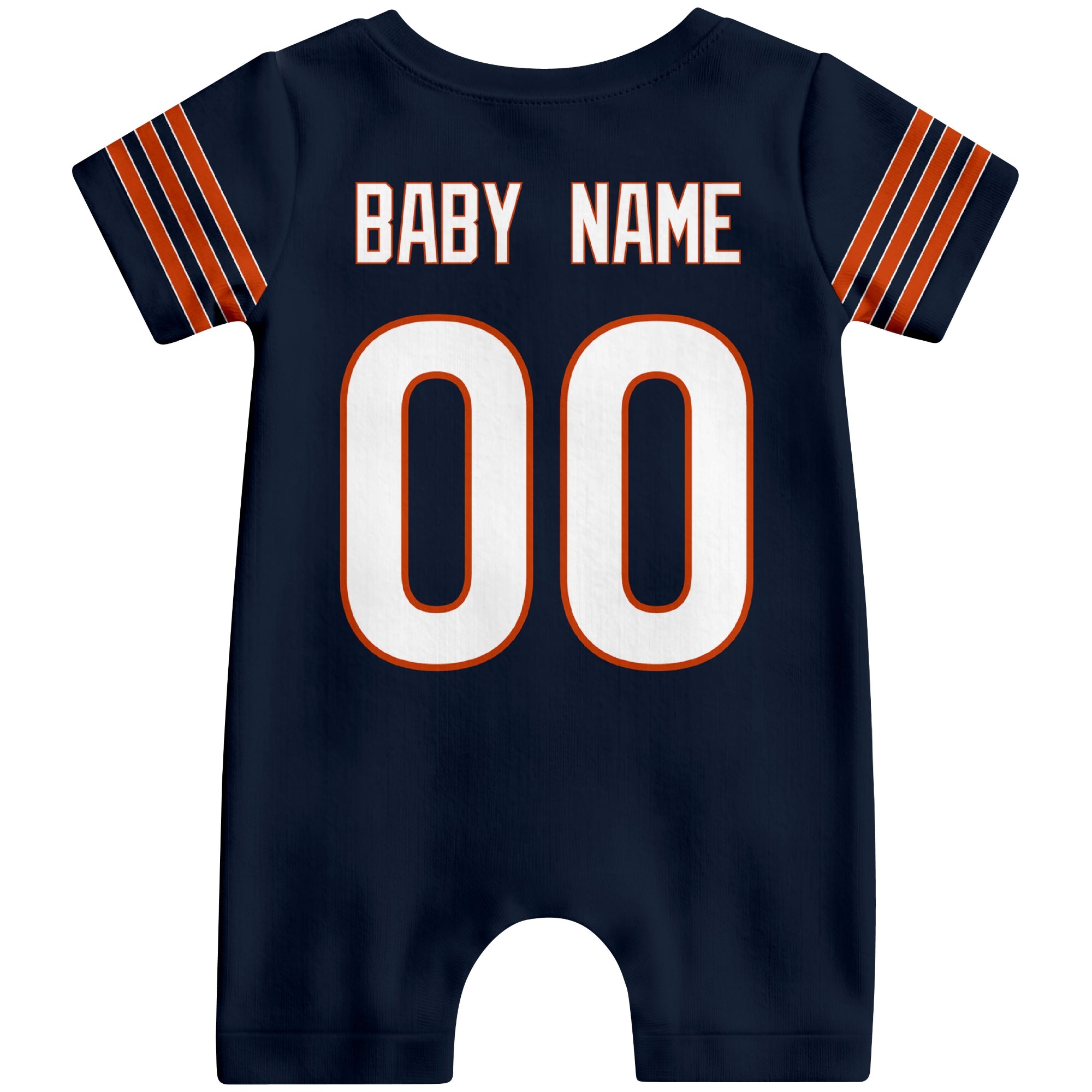 Back view of personalized Chicago football-style baby romper with custom baby name and number design in varsity block font