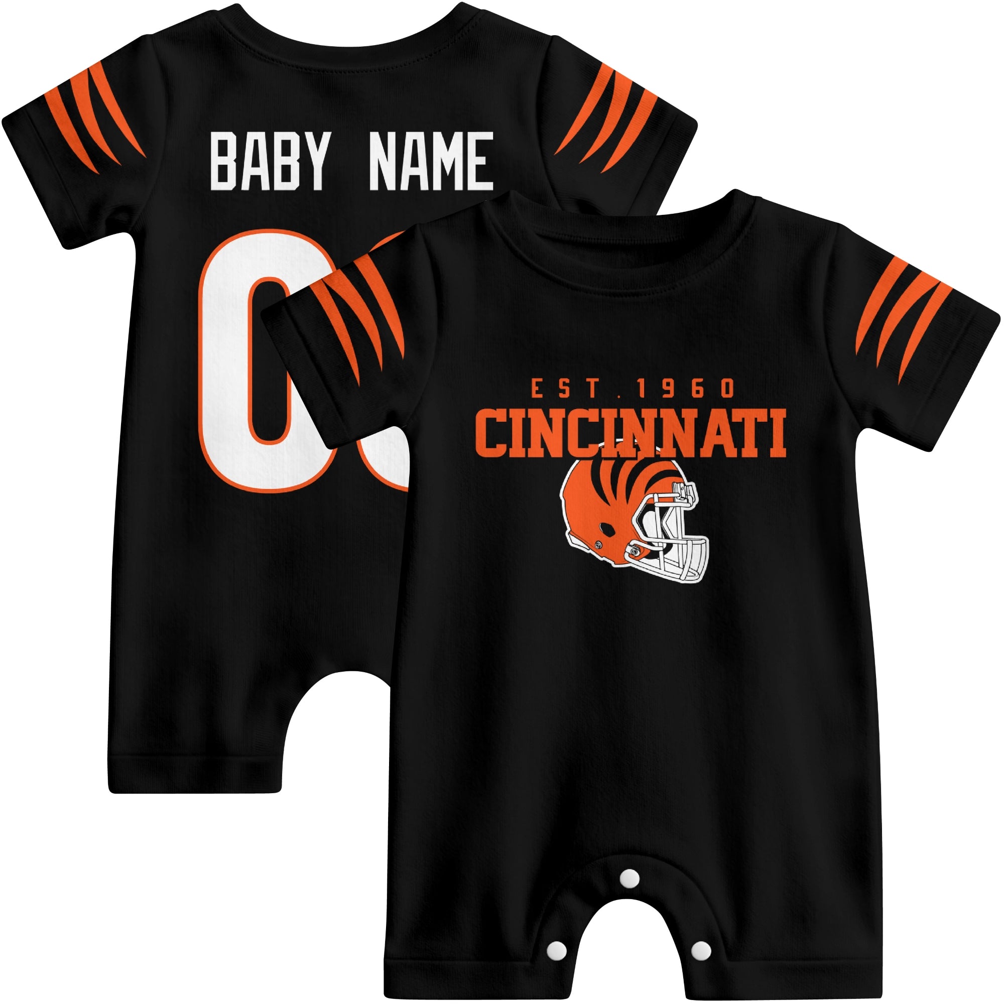 Front and back view of Cincinnati football-style baby romper in black with varsity team-inspired front graphic and personalized name and number on the back