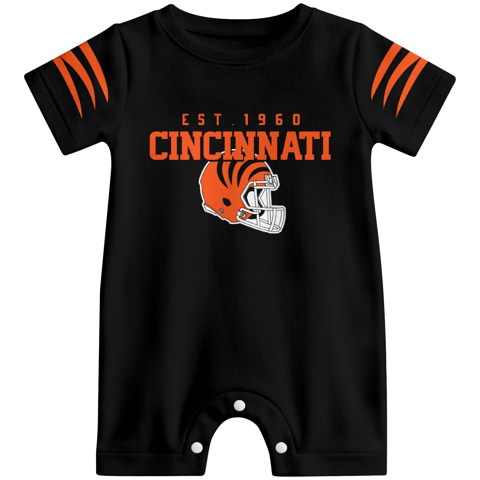 Front view of Cincinnati football-inspired baby romper featuring varsity-style Cincinnati text and football helmet graphic in black colorway