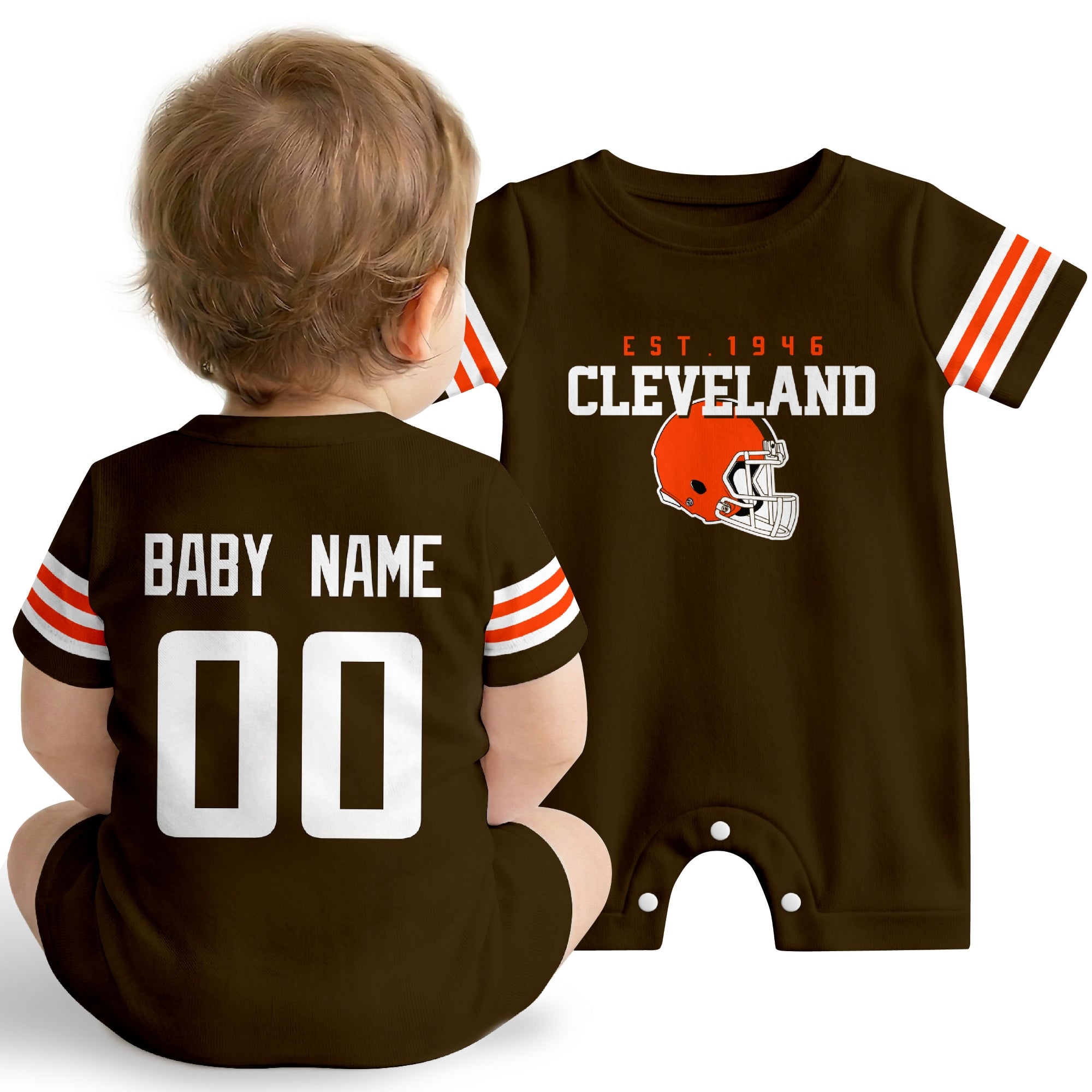 Baby wearing Cleveland football-inspired personalized romper in brown, featuring custom name and number design with sporty varsity lettering and football helmet graphic