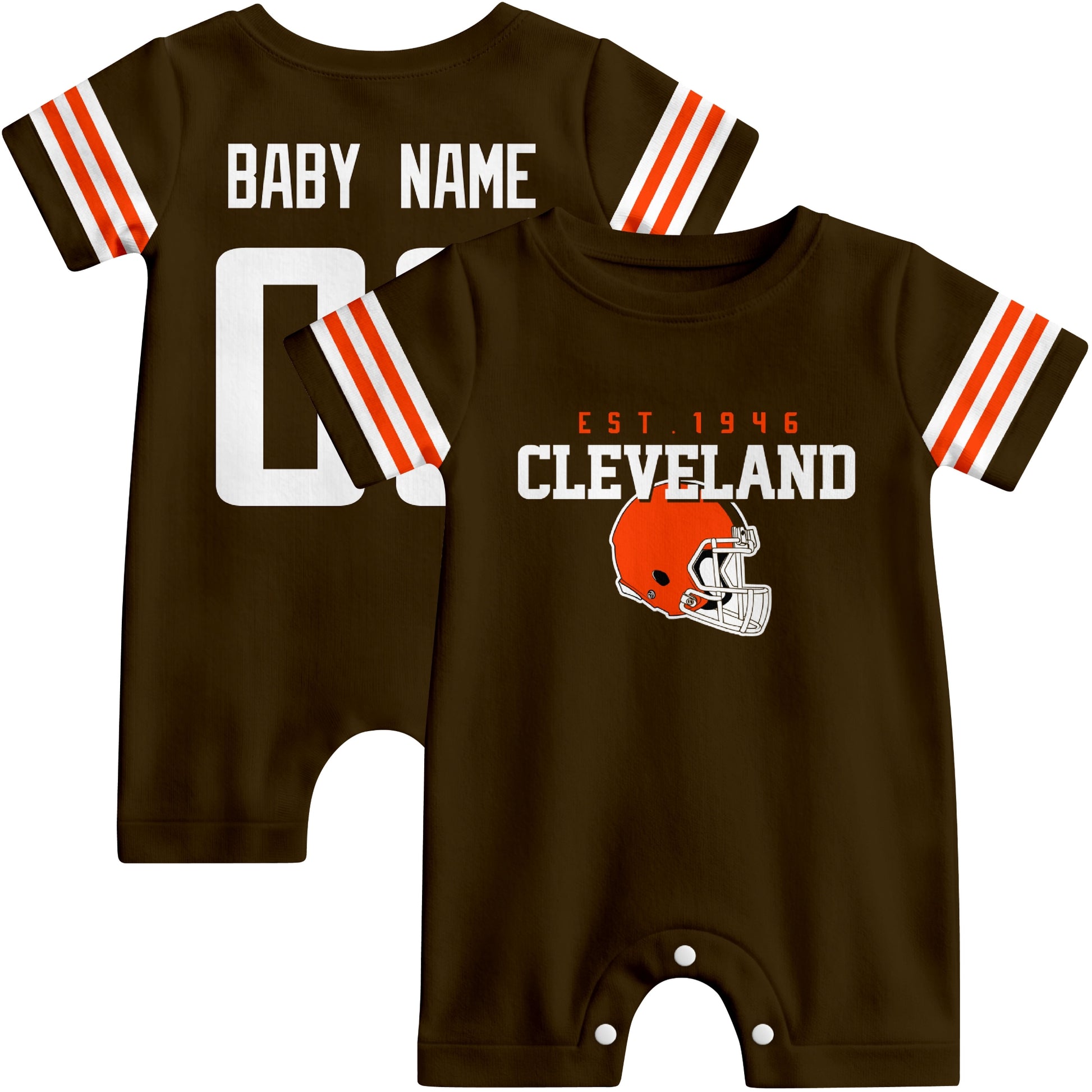 Front and back view of Cleveland football-style baby romper in brown with varsity team-inspired front graphic and personalized name and number on the back