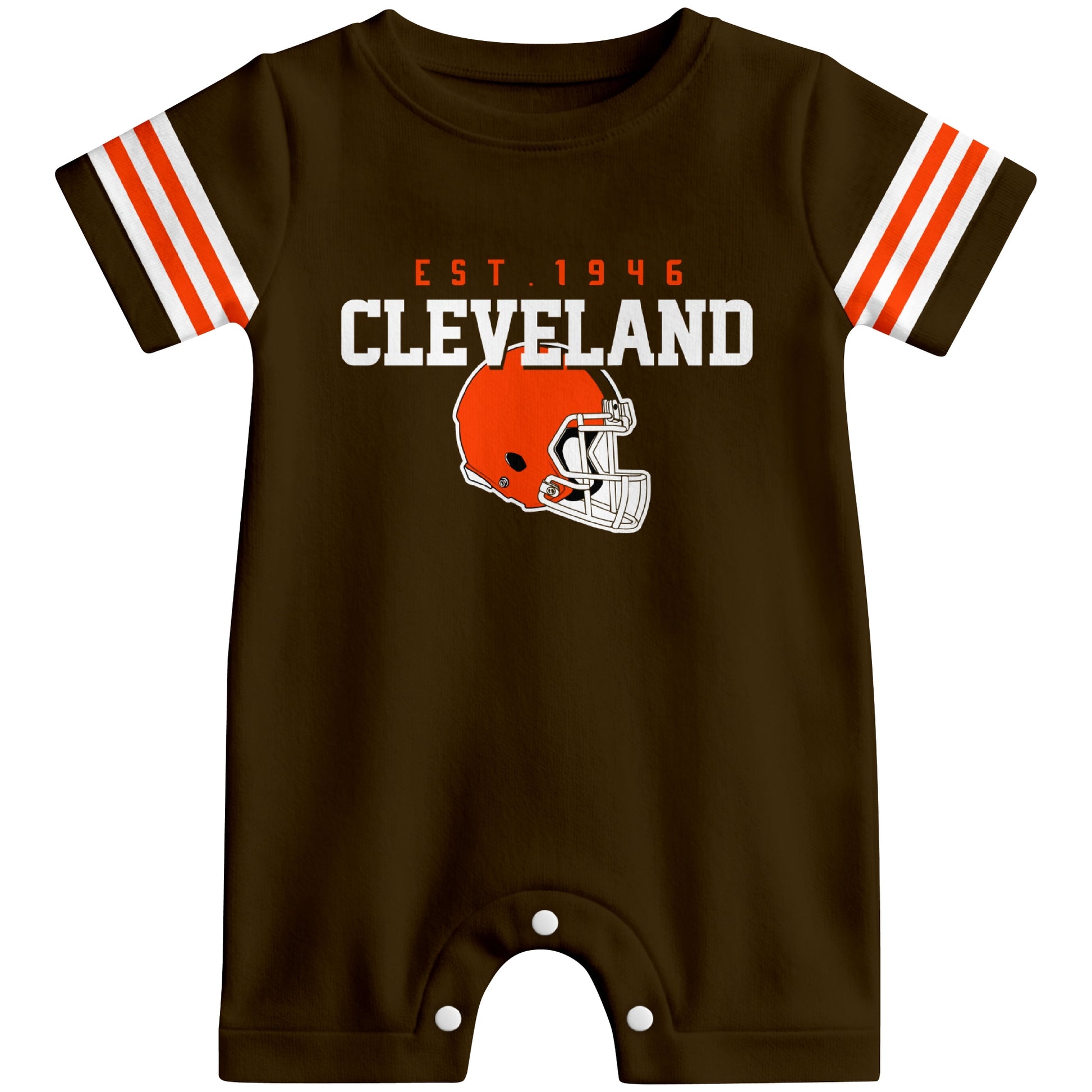 Front view of Cleveland football-inspired baby romper featuring varsity-style Cleveland text and football helmet graphic in brown colorway