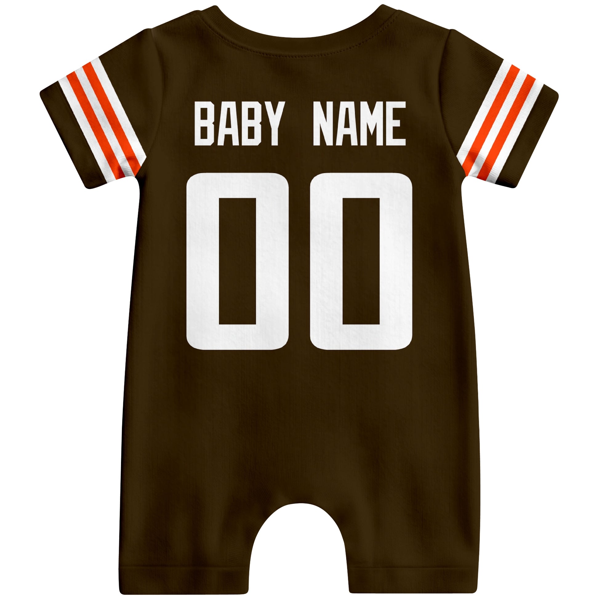 Back view of personalized Cleveland football-style baby romper with custom baby name and number design in varsity block font