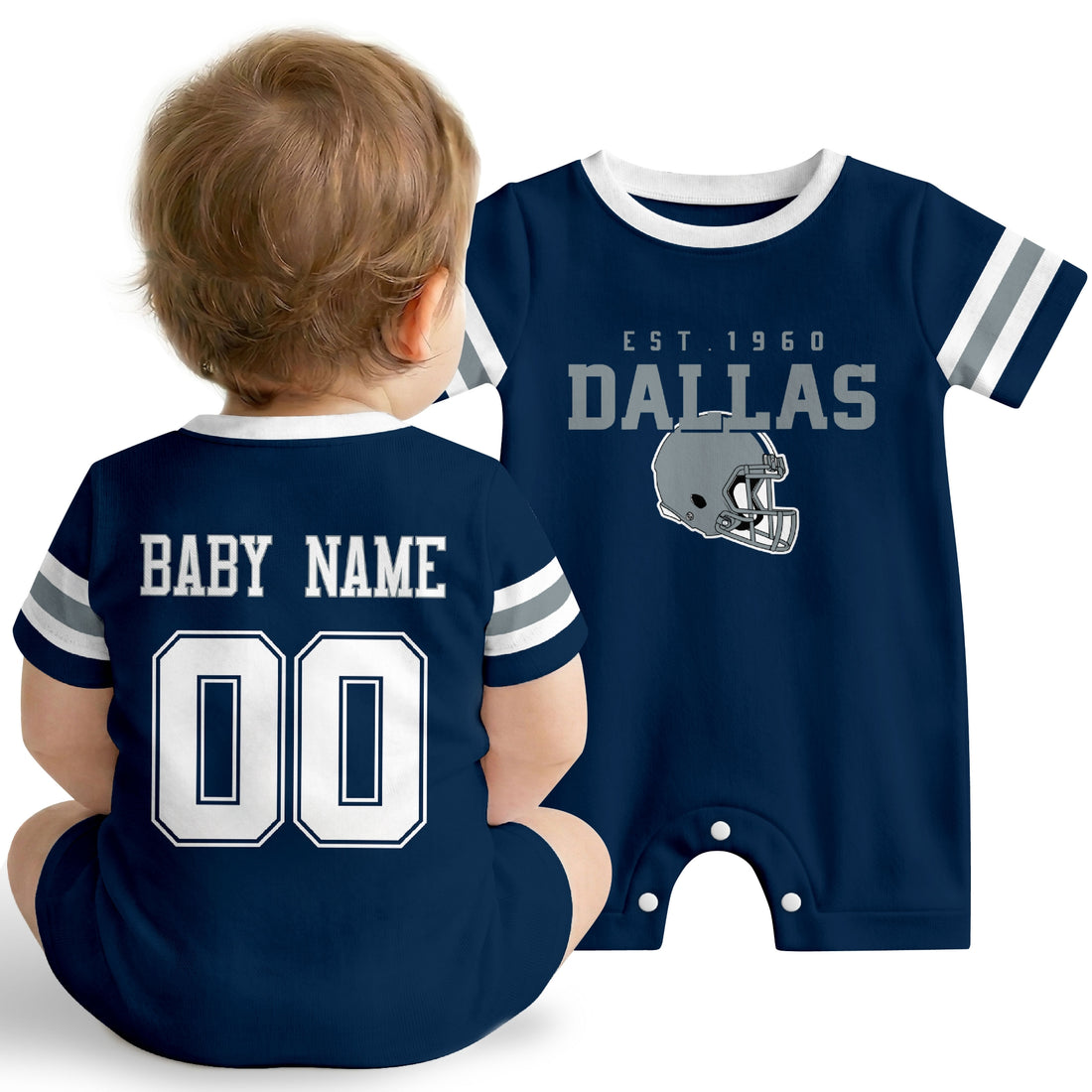 Baby wearing Dallas football-inspired personalized romper in navy, featuring custom name and number design with sporty varsity lettering and football helmet graphic