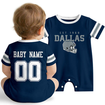 Baby wearing Dallas football-inspired personalized romper in navy, featuring custom name and number design with sporty varsity lettering and football helmet graphic