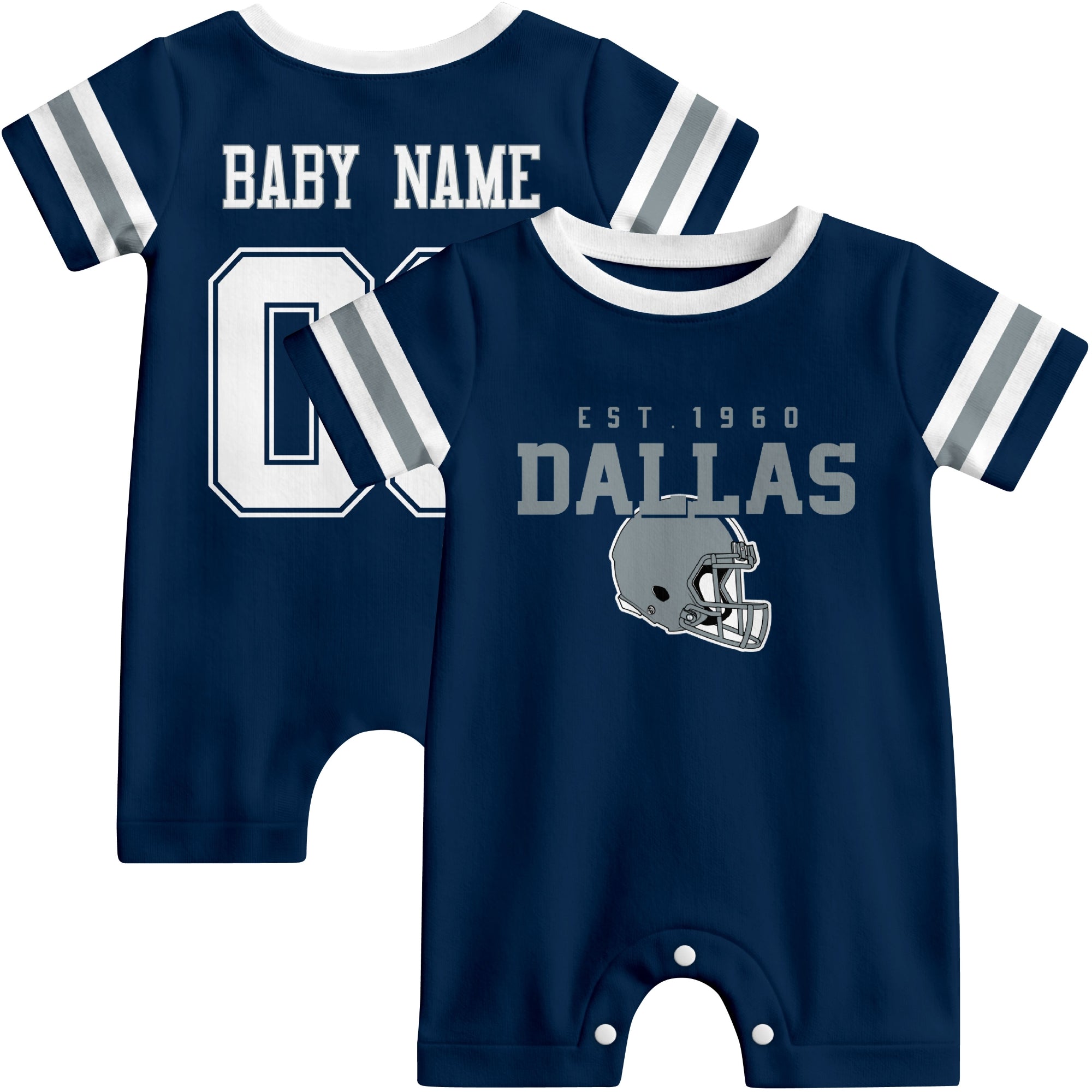 Front and back view of Dallas football-style baby romper in navy with varsity team-inspired front graphic and personalized name and number on the back