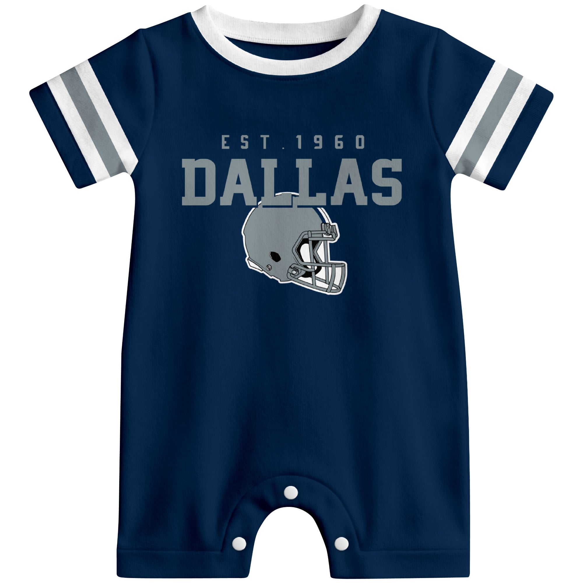 Front view of Dallas football-inspired baby romper featuring varsity-style Dallas text and football helmet graphic in navy colorway