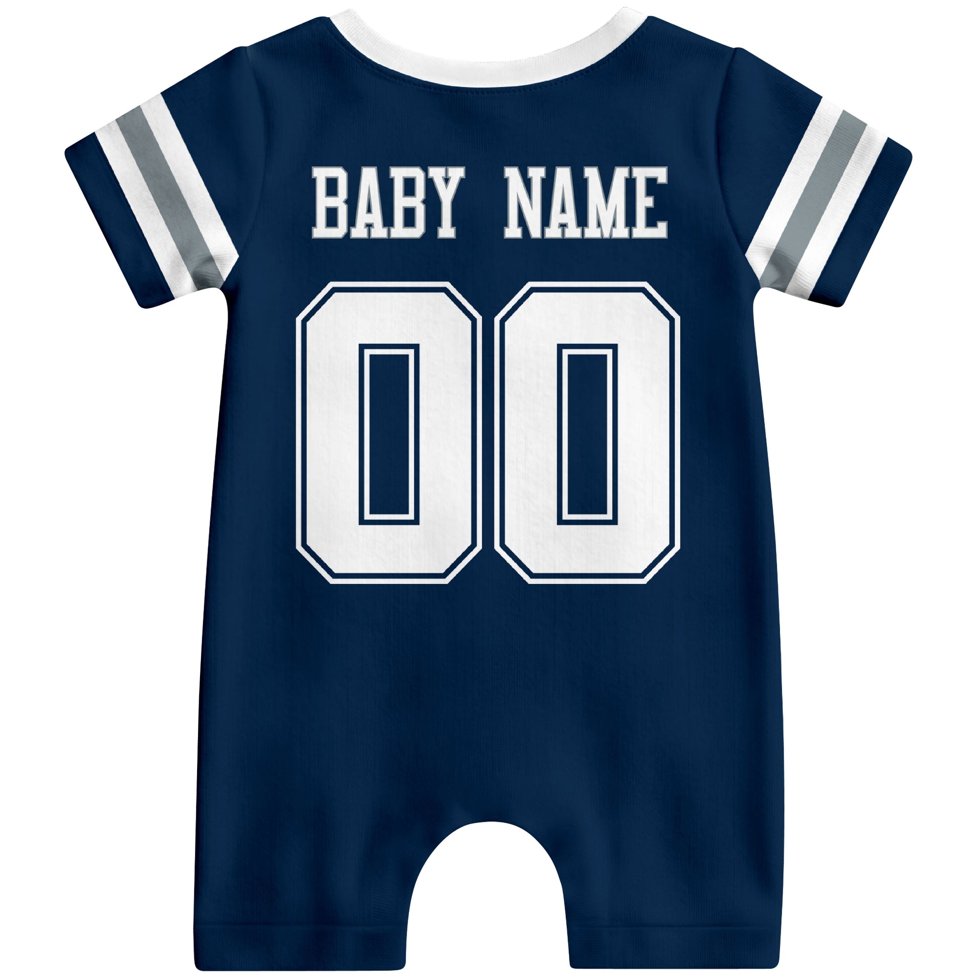 Back view of personalized Dallas football-style baby romper with custom baby name and number design in varsity block font