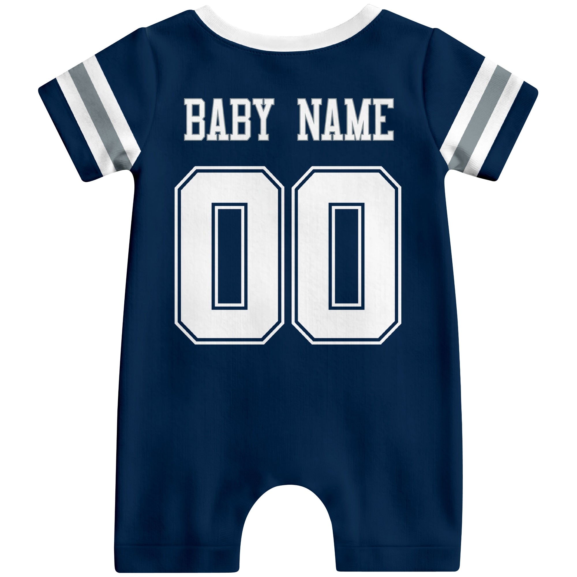 Back view of personalized Dallas football-style baby romper with custom baby name and number design in varsity block font
