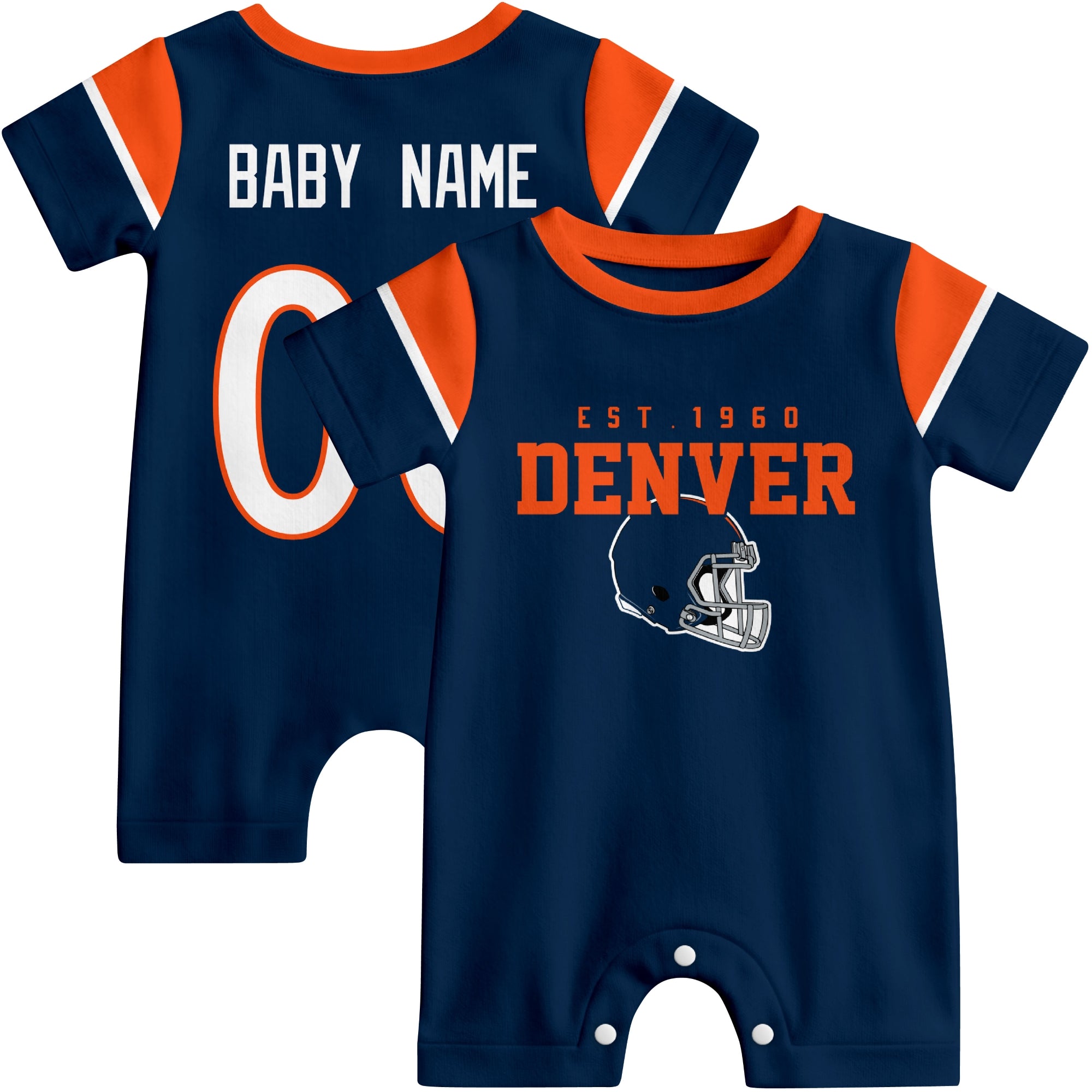 Front and back view of Denver football-style baby romper in navy with varsity team-inspired front graphic and personalized name and number on the back