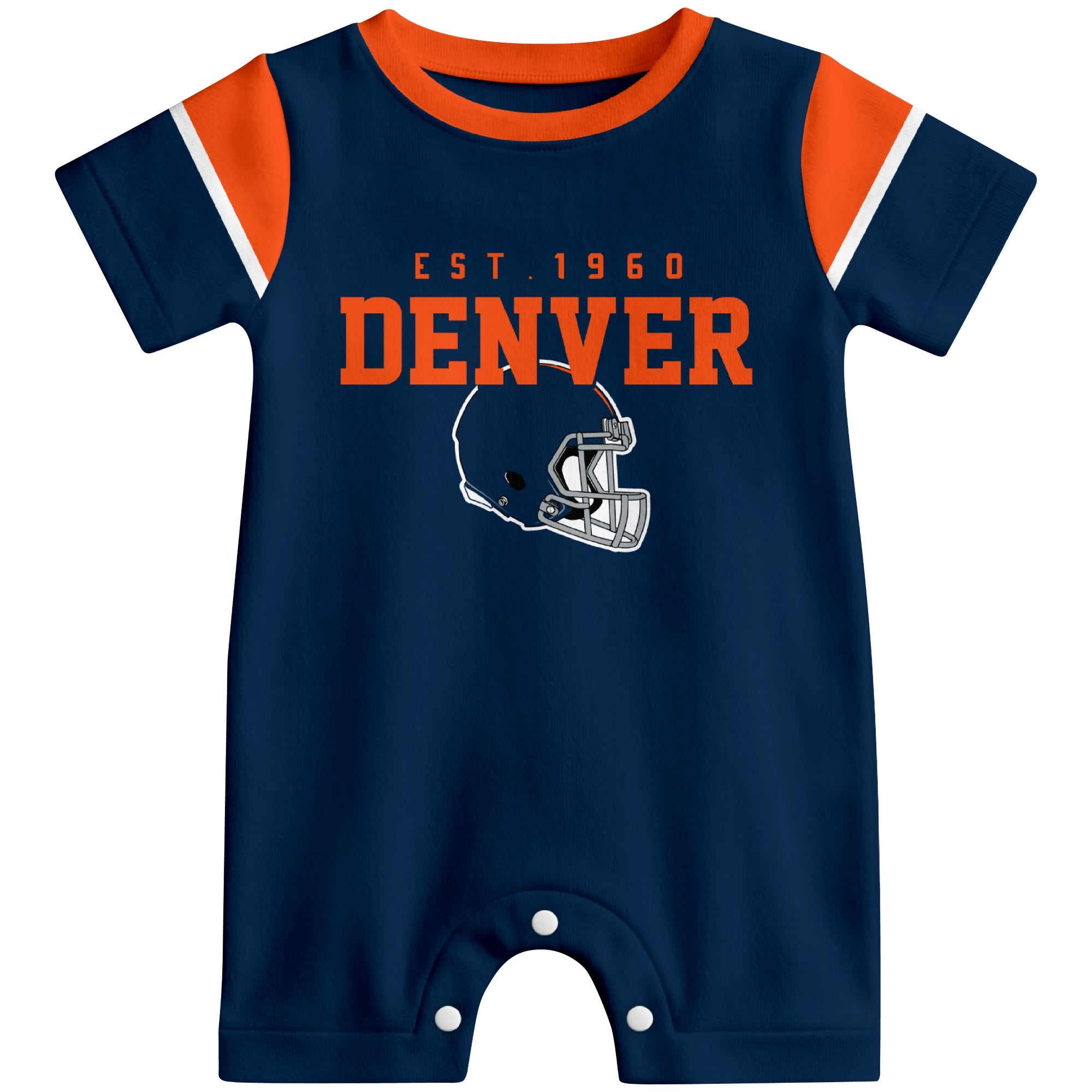 Front view of Denver football-inspired baby romper featuring varsity-style Denver text and football helmet graphic in navy colorway