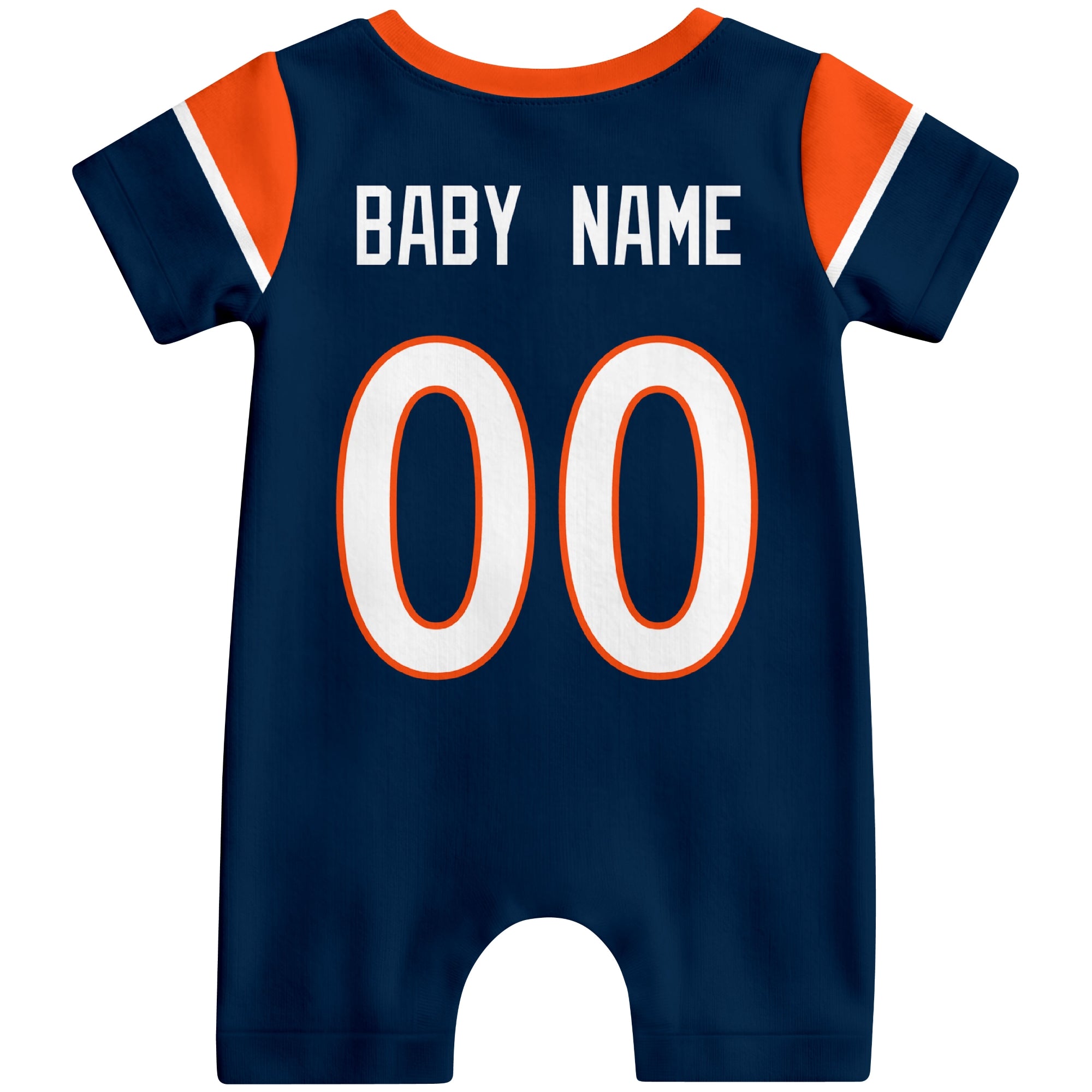Back view of personalized Denver football-style baby romper with custom baby name and number design in varsity block font