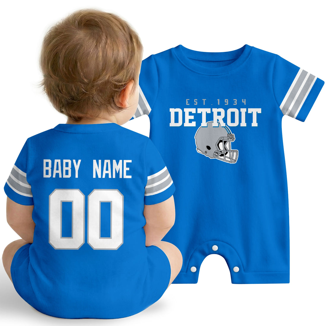 Baby wearing Detroit football-inspired personalized romper in blue, featuring custom name and number design with sporty varsity lettering and football helmet graphic