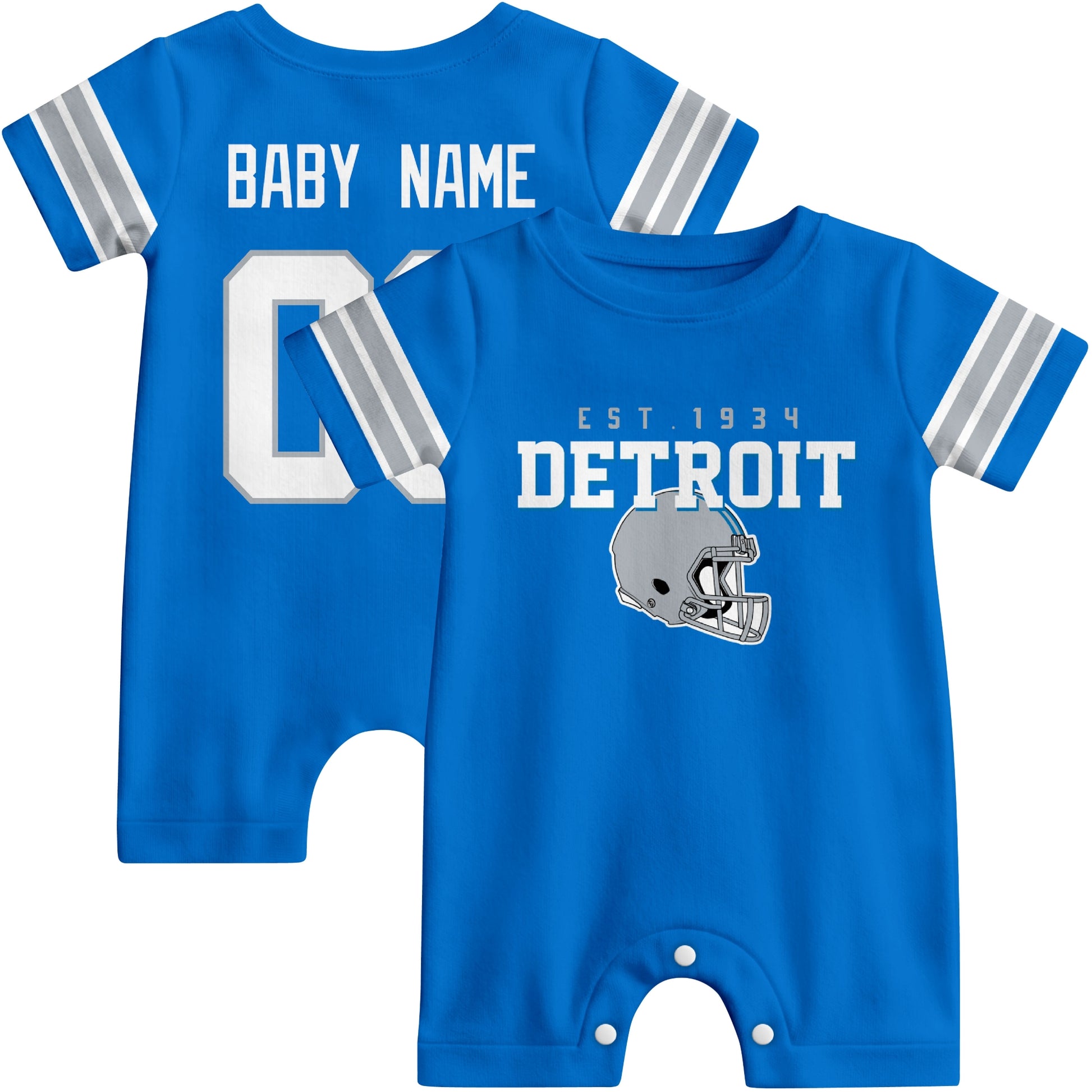 Front and back view of Detroit football-style baby romper in blue with varsity team-inspired front graphic and personalized name and number on the back