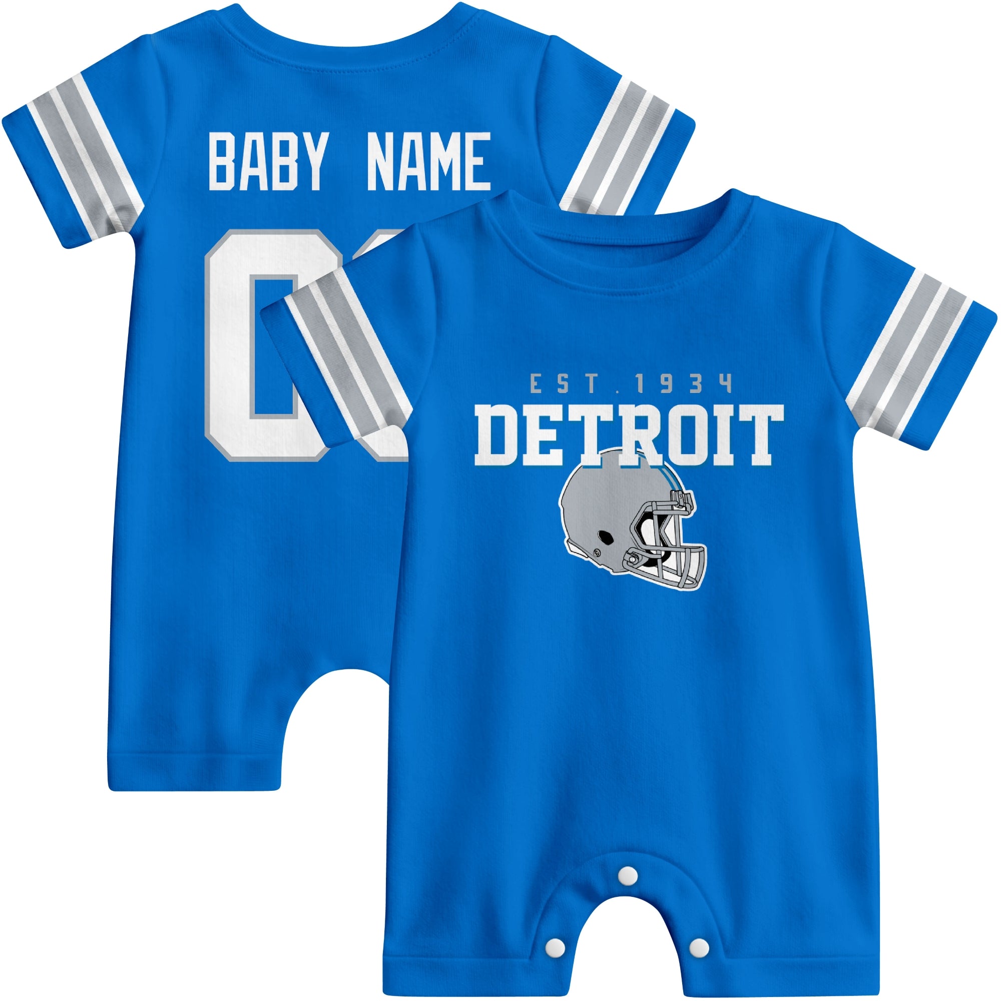 Front and back view of Detroit football-style baby romper in blue with varsity team-inspired front graphic and personalized name and number on the back